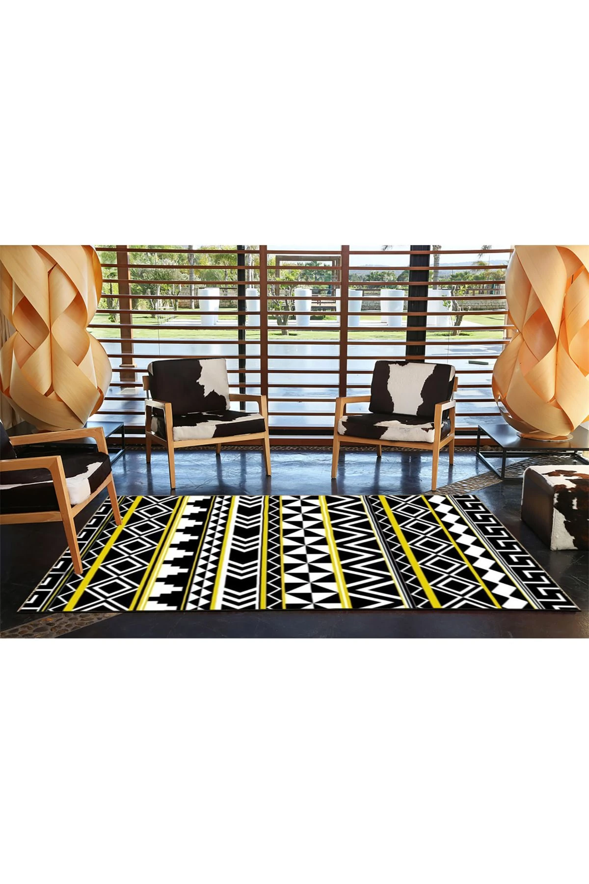 Siyah Bej Temalı Geometrik Desenli Modern Dekoratif Halı 4662