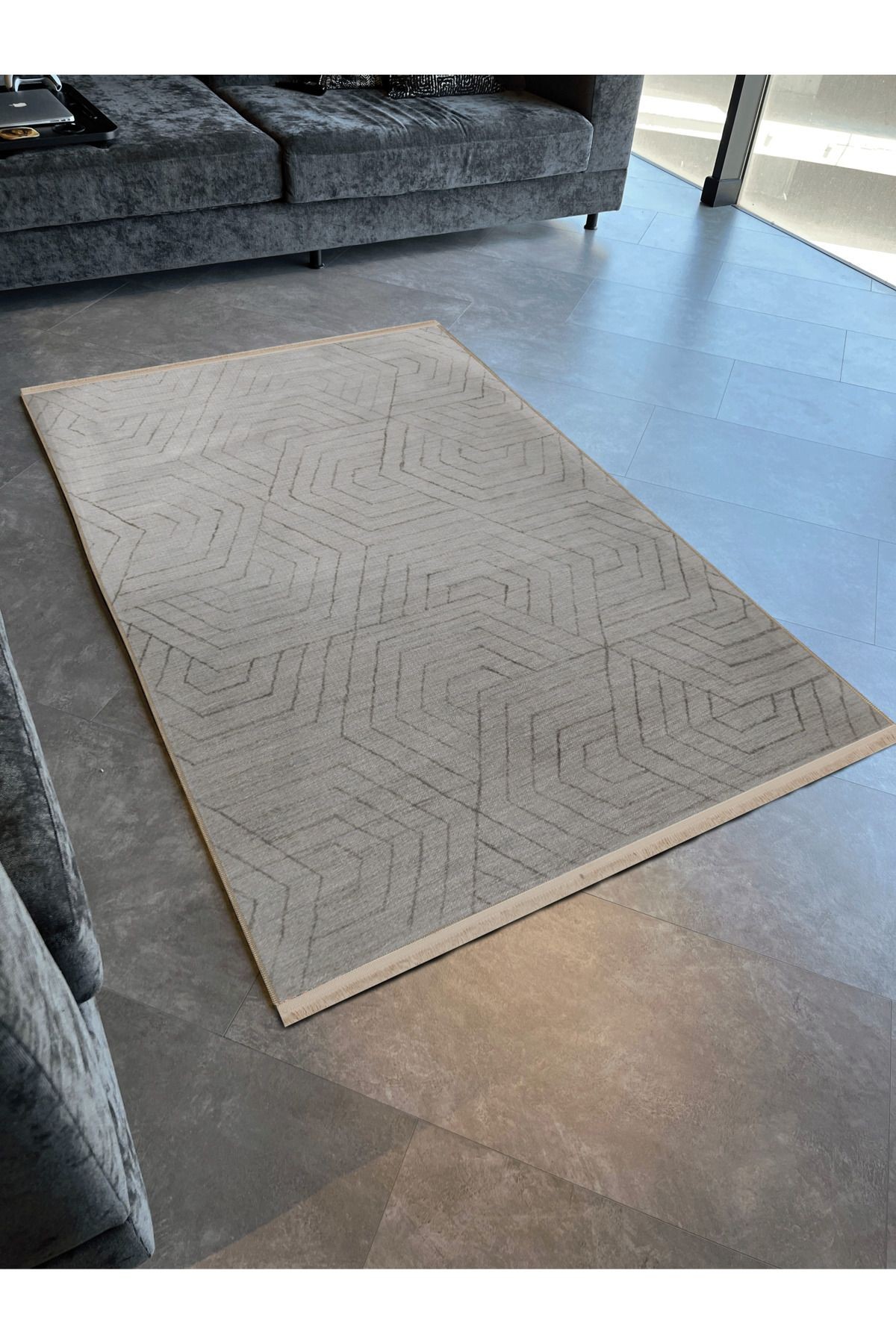 Bej Gri Temalı Geometrik Desenli Kreatif Modern Dekoratif Halı 2808