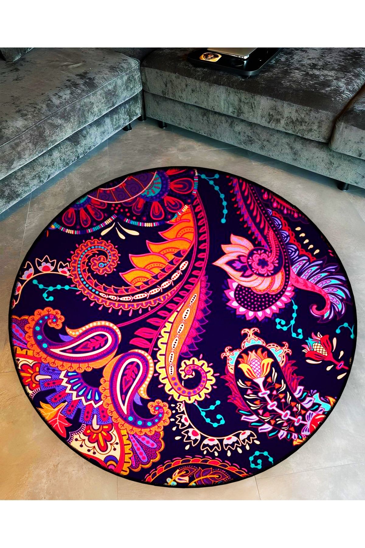 Mira Yuvarlak Pembe Mor Etnik Desenli  Dokuma Taban Dekoratif Halı 5732