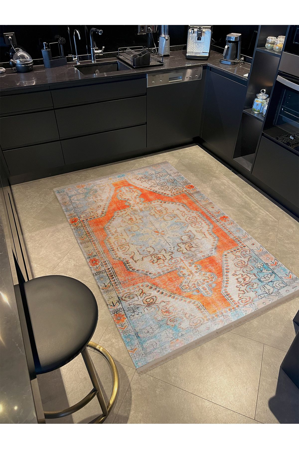 Asya Koleksiyonu Eskitme Görünümlü Turuncu Turkuaz Detaylı Dokuma Taban Modern Dekoratif Halı asya37