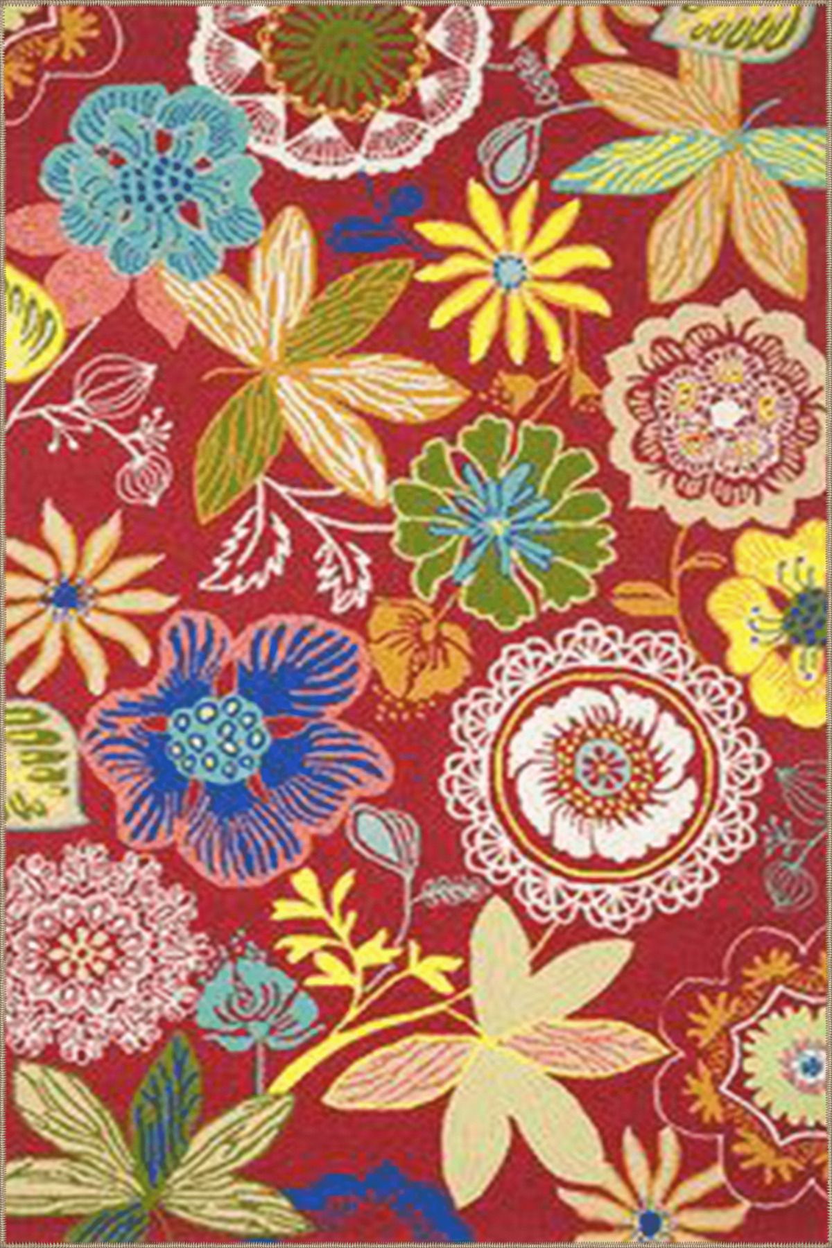 Kırmızı Temalı Karma Floral Çiçek Desenli Kreatif Modern Dekoratif Halı 3618