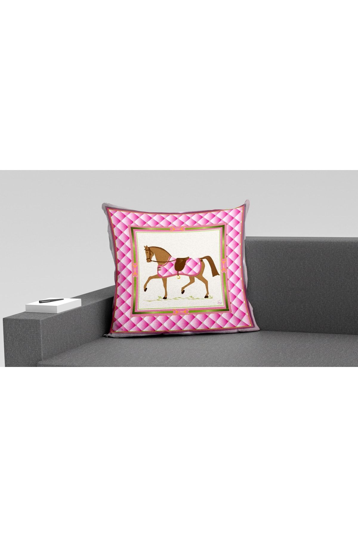 Kırlent Pembe Beyaz At Temalı Kırlent Kılıfı Pillow44