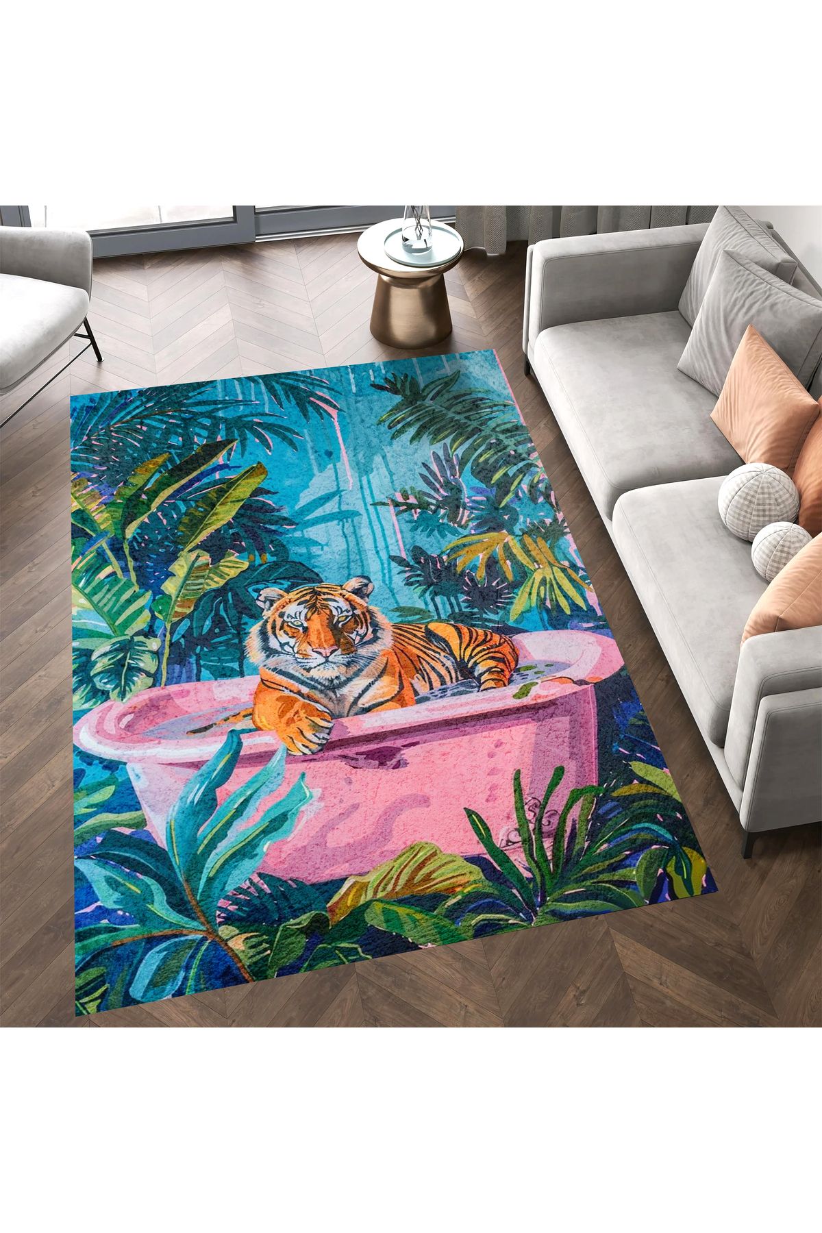 Kuzey Koleksiyonu Doğa Temalı Pembe Küvette Kaplan Desenli Dokuma Taban Dekoratif Halı kuzey38