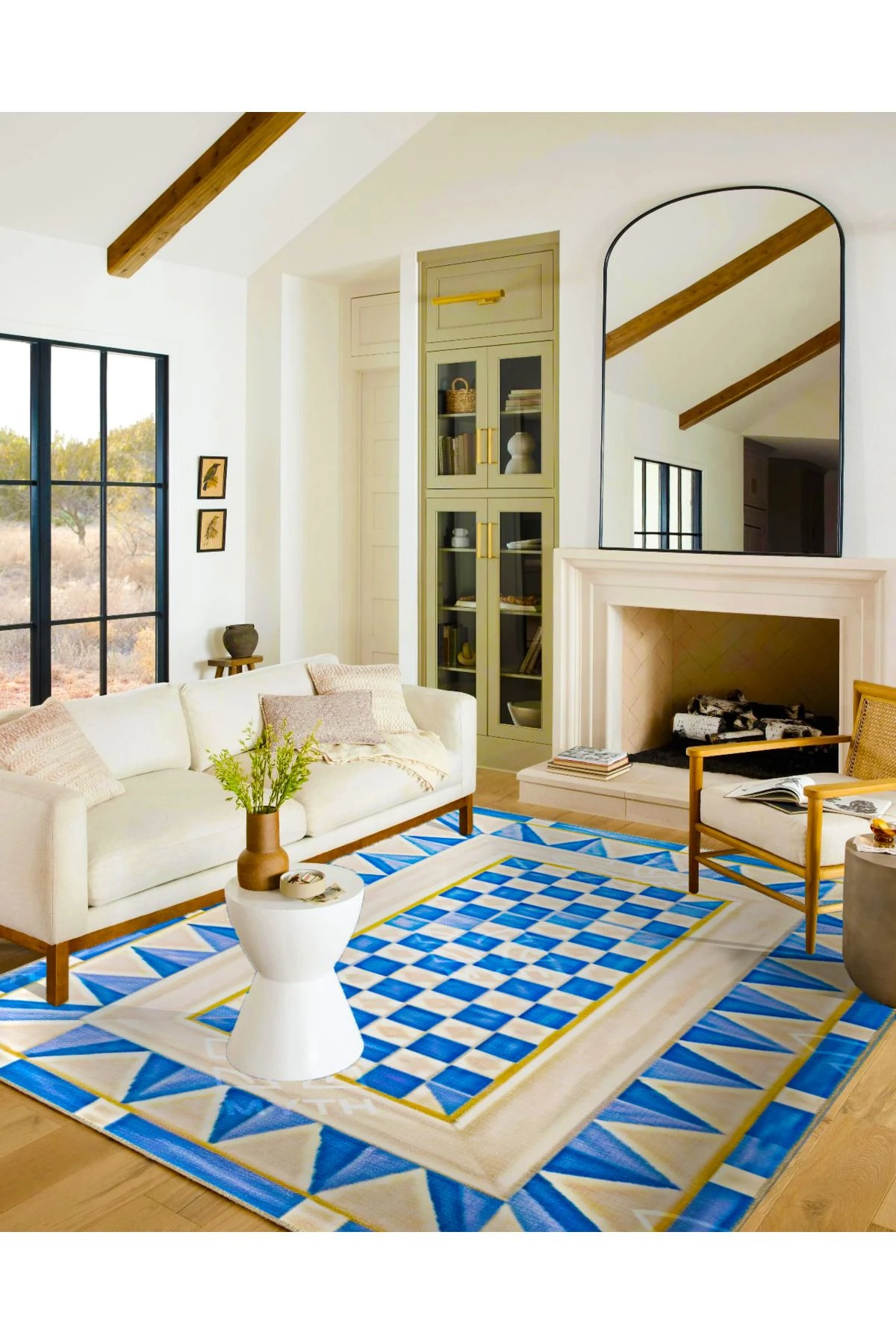 Mavi Krem Geometrik Kareli Temalı Dokuma Taban ve Yıkanabilir Halı MYTH8