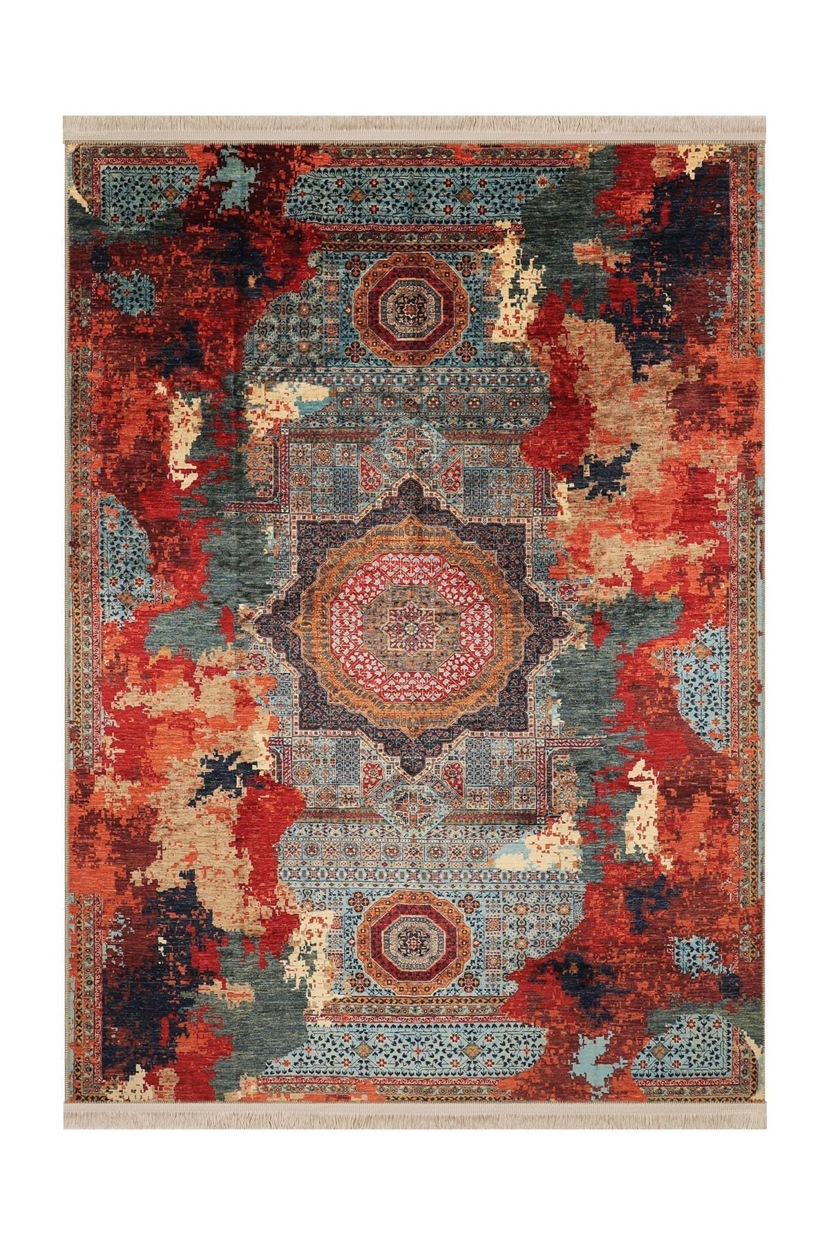 Memlük Koleksiyonu Renkli Soyut Motif Geleneksel Vintage Desen Dokuma Taban Dekoratif Halı memlük29