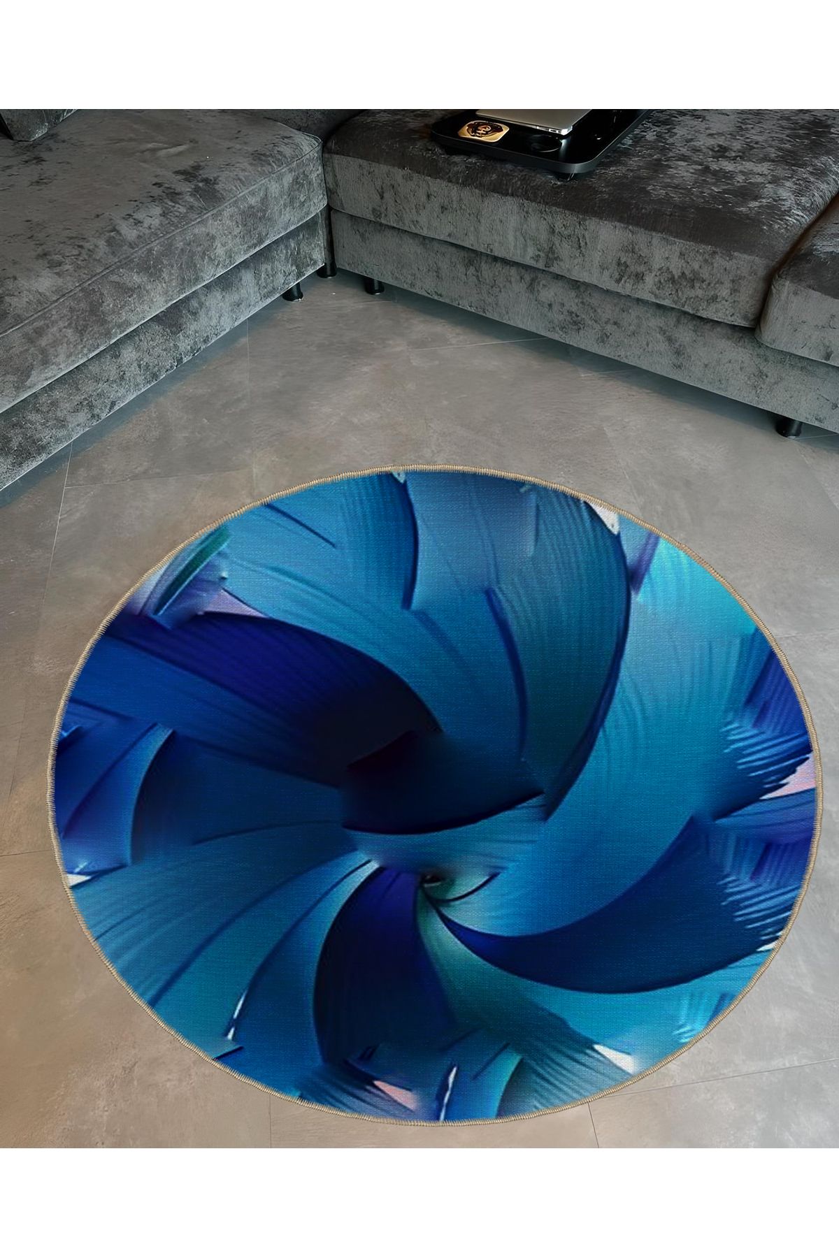 Shape Koleksiyonu Yuvarlak Mavi Soyut  Desenli Dokuma Taban Halı shape64