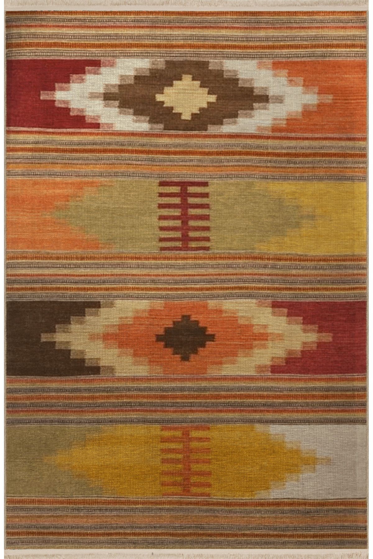 Çok Renkli Hasır Tasarım Geleneksel Motif Desenli Vintage Dekoratif Halı 2677