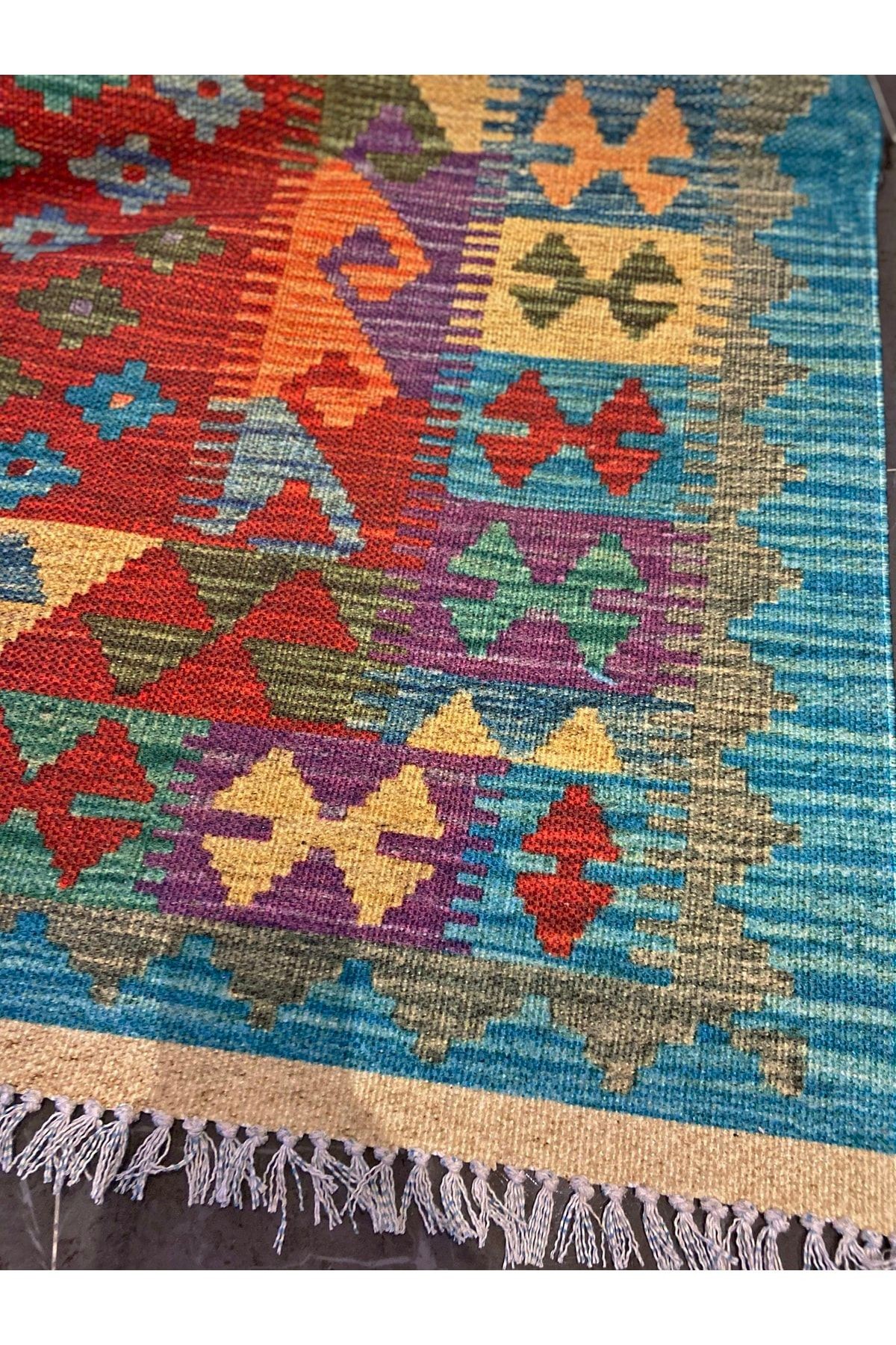 Desenli Yeşil Pamuklu Çok Renkli Otantik Ve Etnik Kilim 507