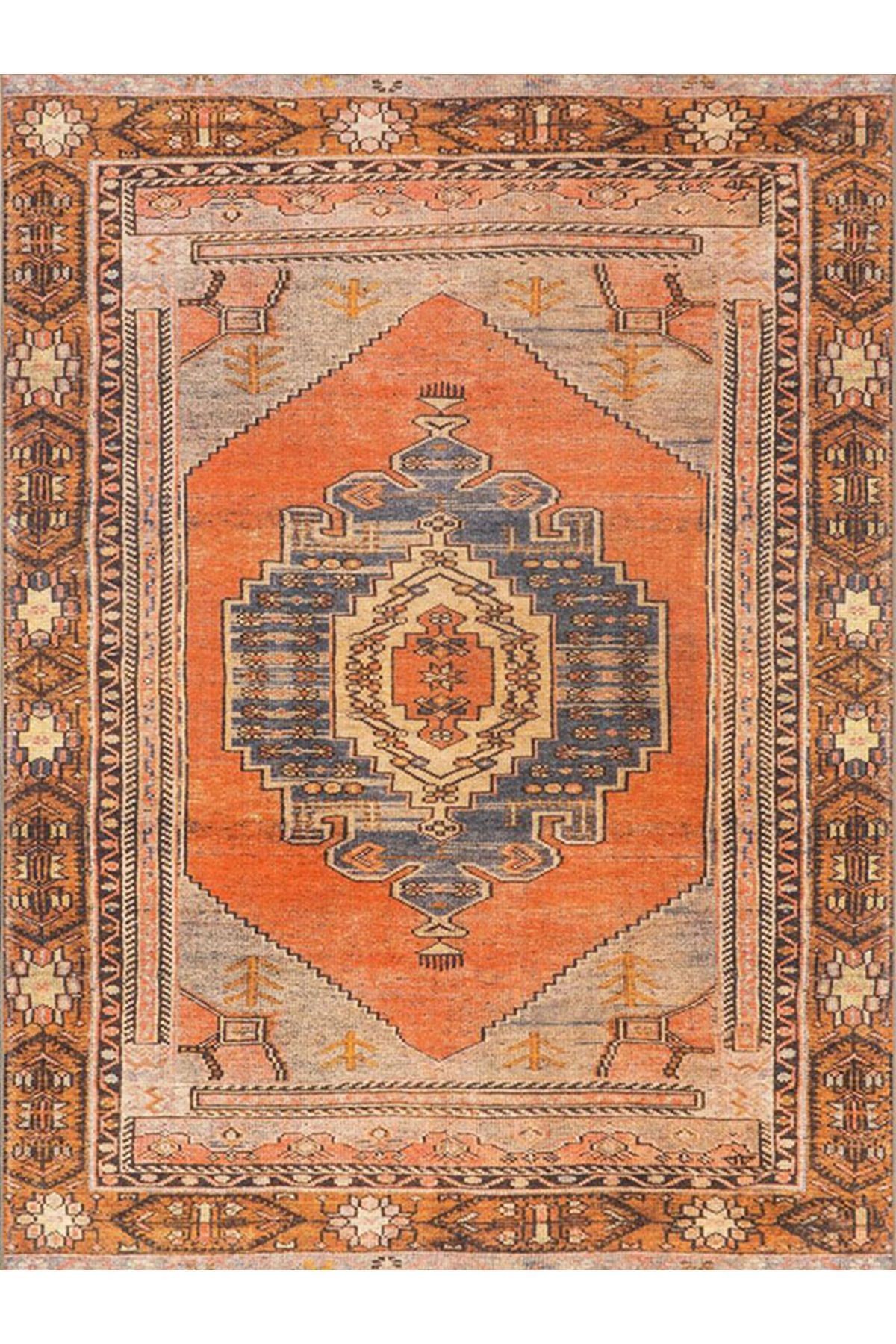 Alya Koleksiyonu Turuncu Etnik Desenli Dokuma Taban Modern Dekoratif Halı alya27