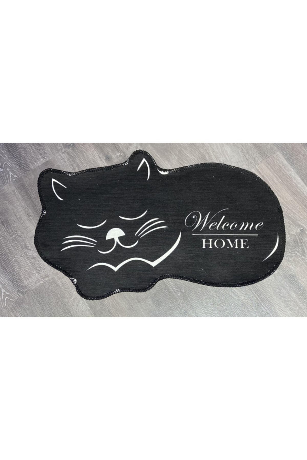 Mira 834 Siyah Beyaz Kedi Desen Yazılı Dekoratif Yıkanabilir Halı