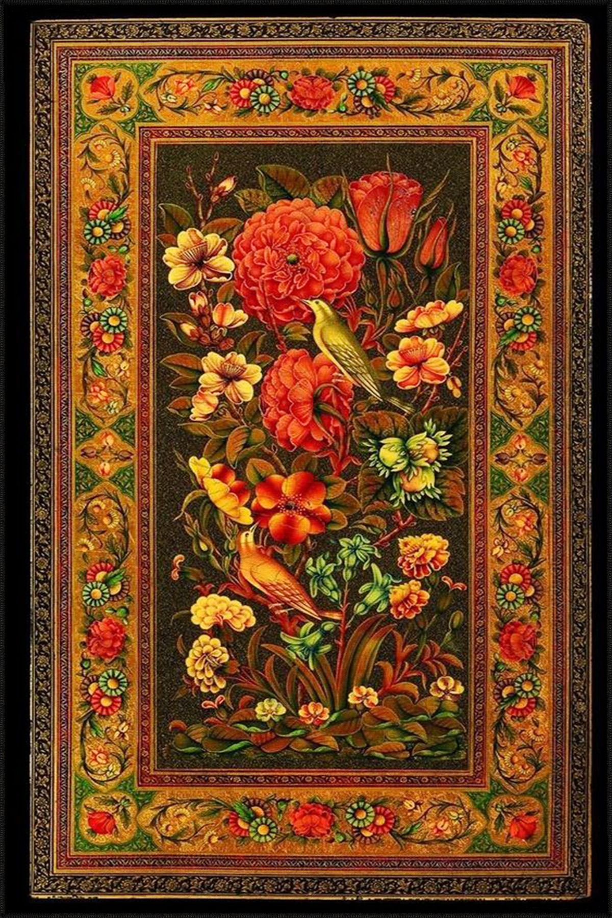 Çerçeveli Turuncu Renkli Çiçekli Floral Geometrik Modern Dekoratif Halı miravip180