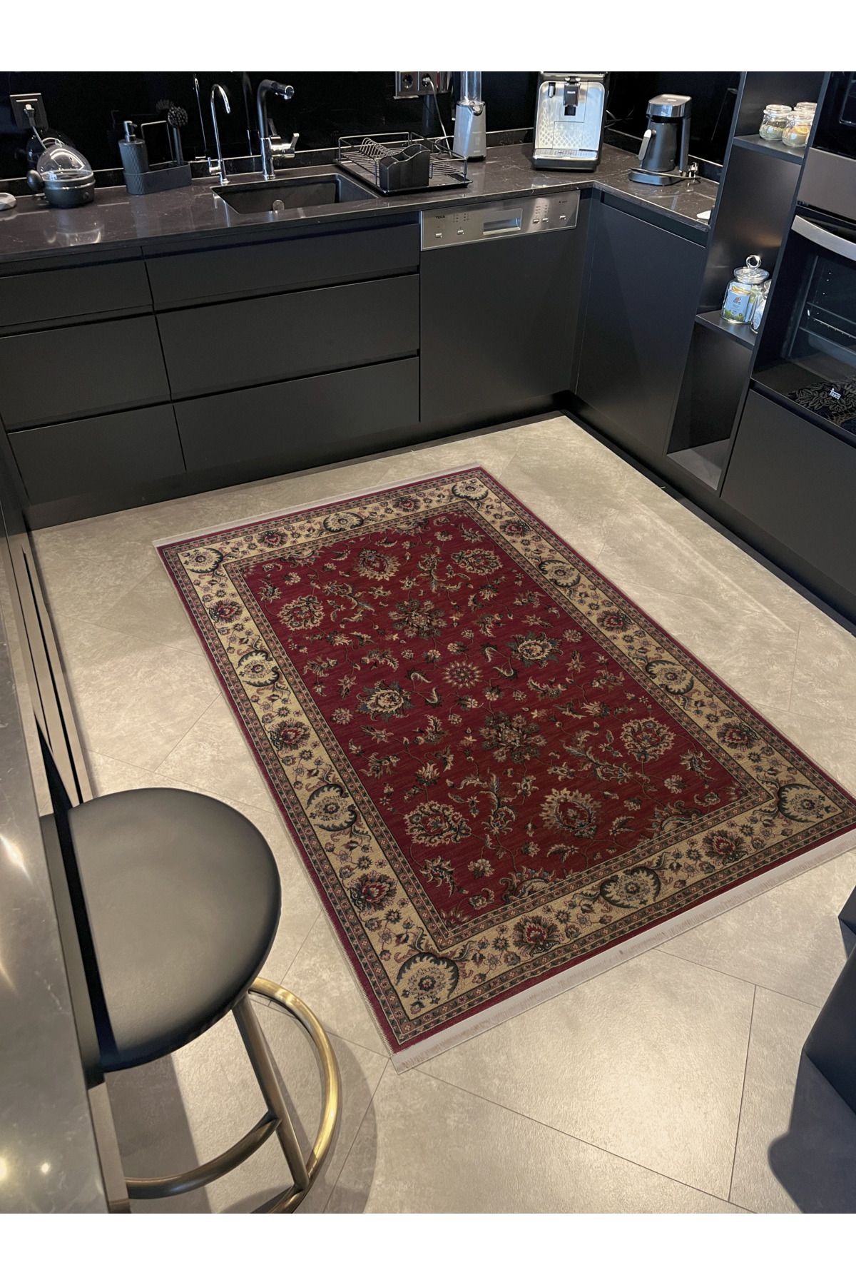 Bordo Temalı Geleneksel Motif Etnik Çiçek Desenli Kreatif Vintage Dekoratif Halı 2865