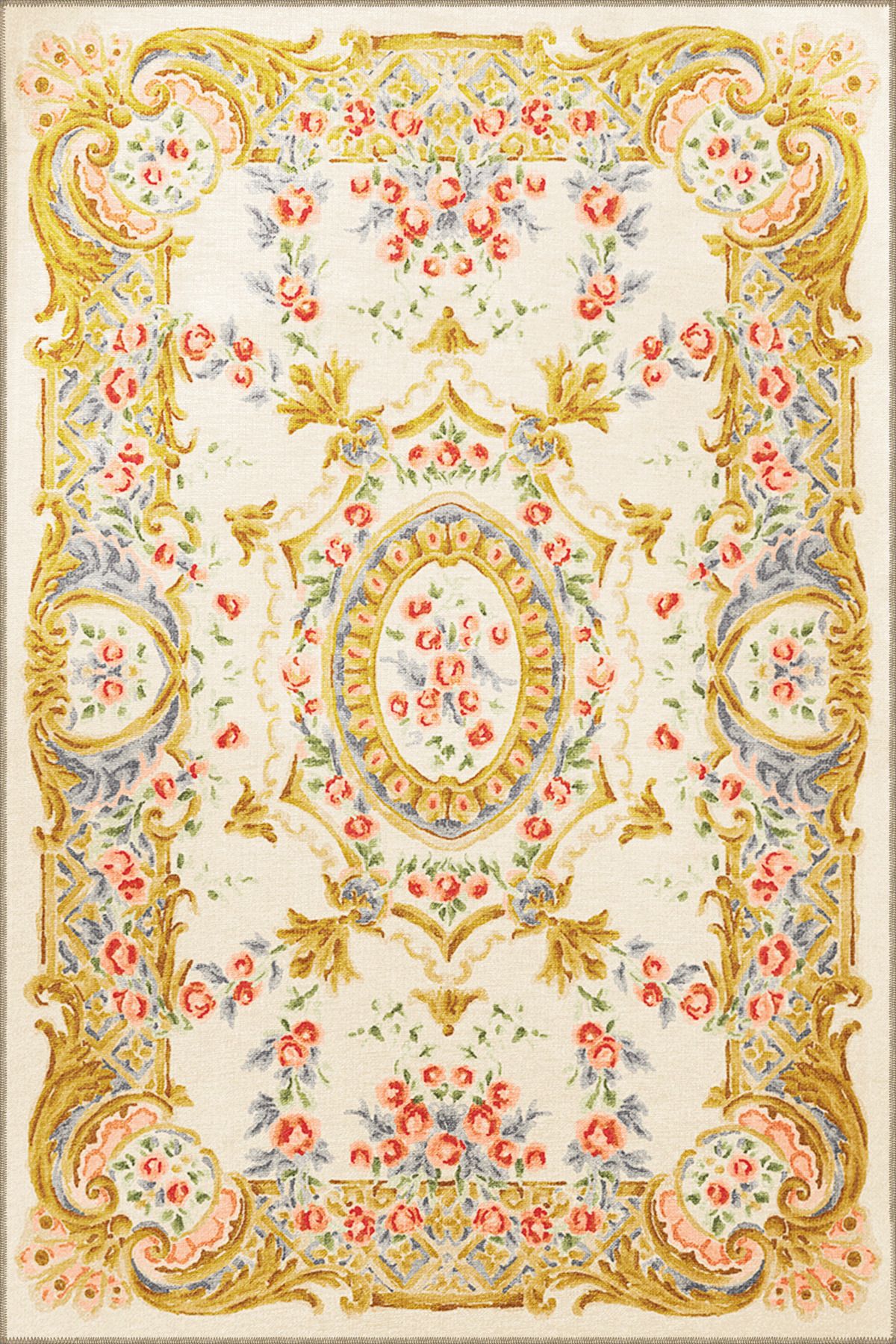 Sarı Bej Temalı Geleneksel Motif Etnik Çiçek Desenli Vintage Dekoratif Halı 3437