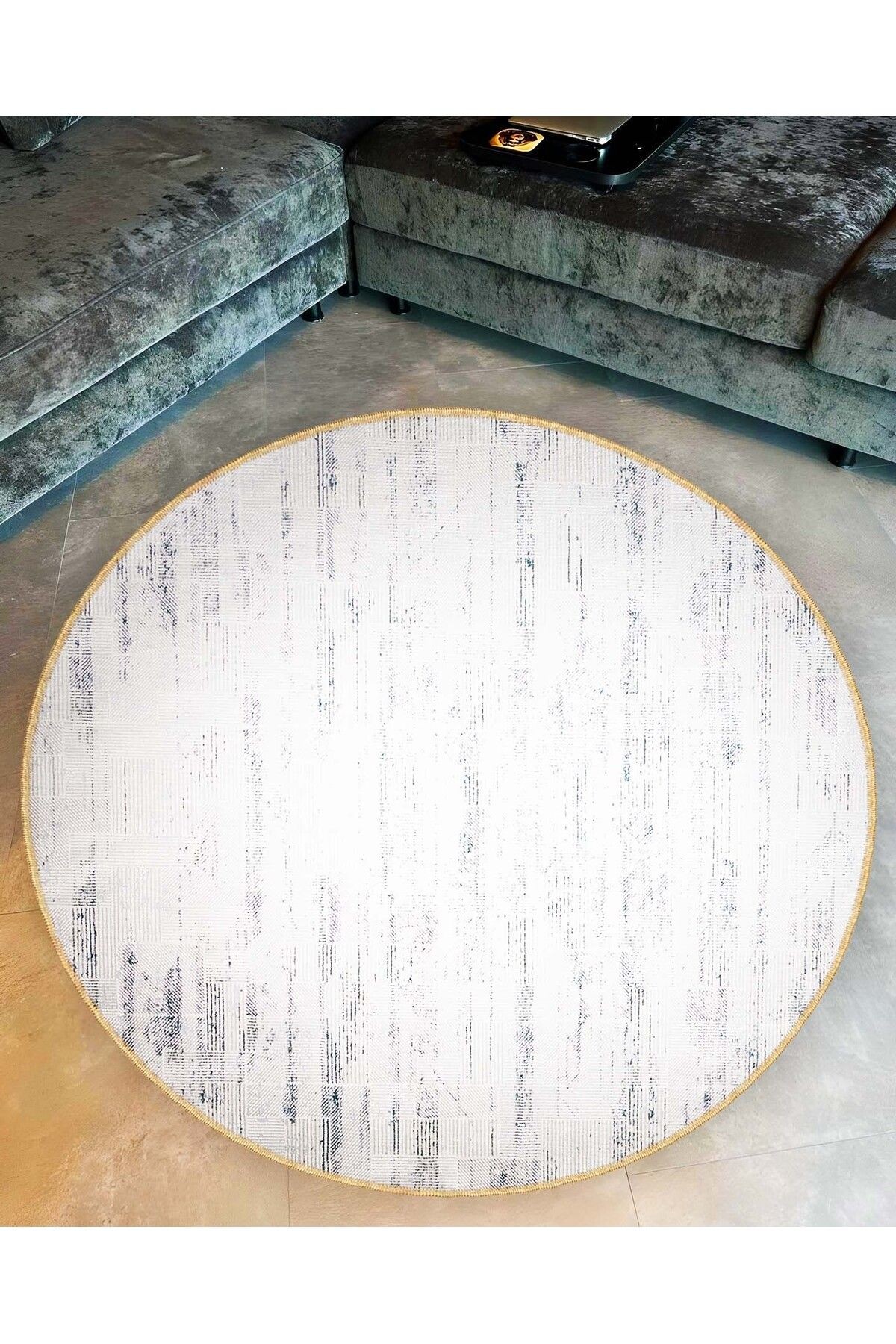 Mira Yuvarlak Beyaz Gri Dokuma Taban Modern Dekoratif Halı mirayuvarlak5832