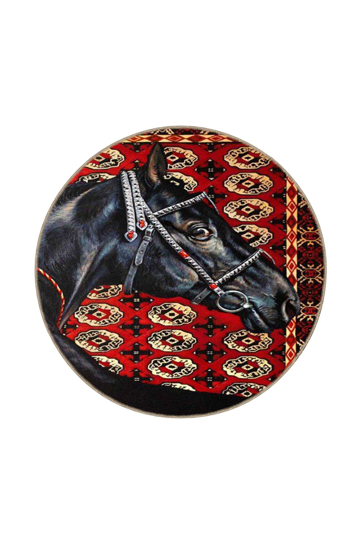 Kırmızı Tonlarda At Hayvan Desenli Dekoratif Halı miravip728