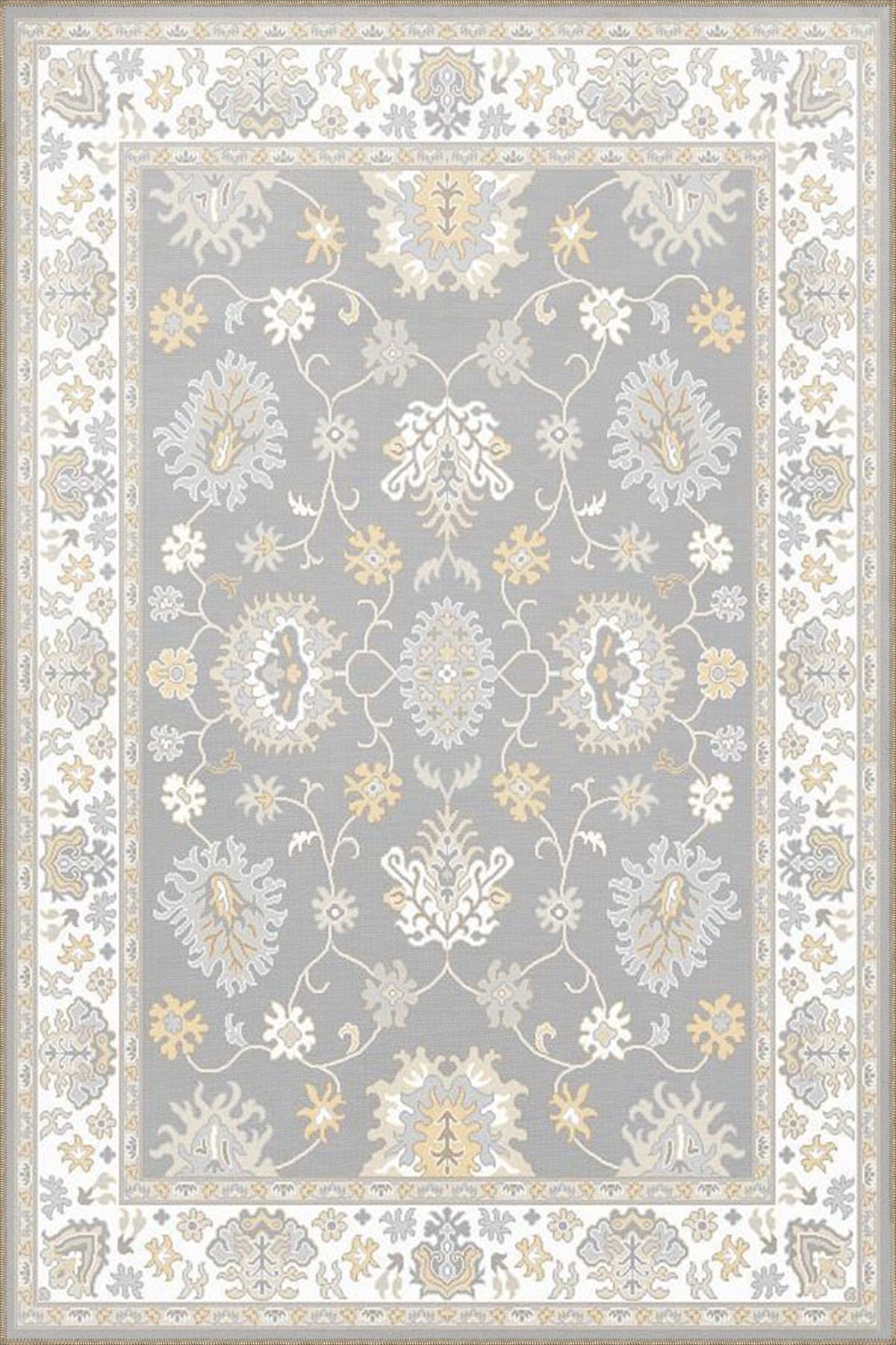 Gri Temalı Geleneksel Motif Etnik Çiçek Desenli Vintage Dekoratif Halı 4609