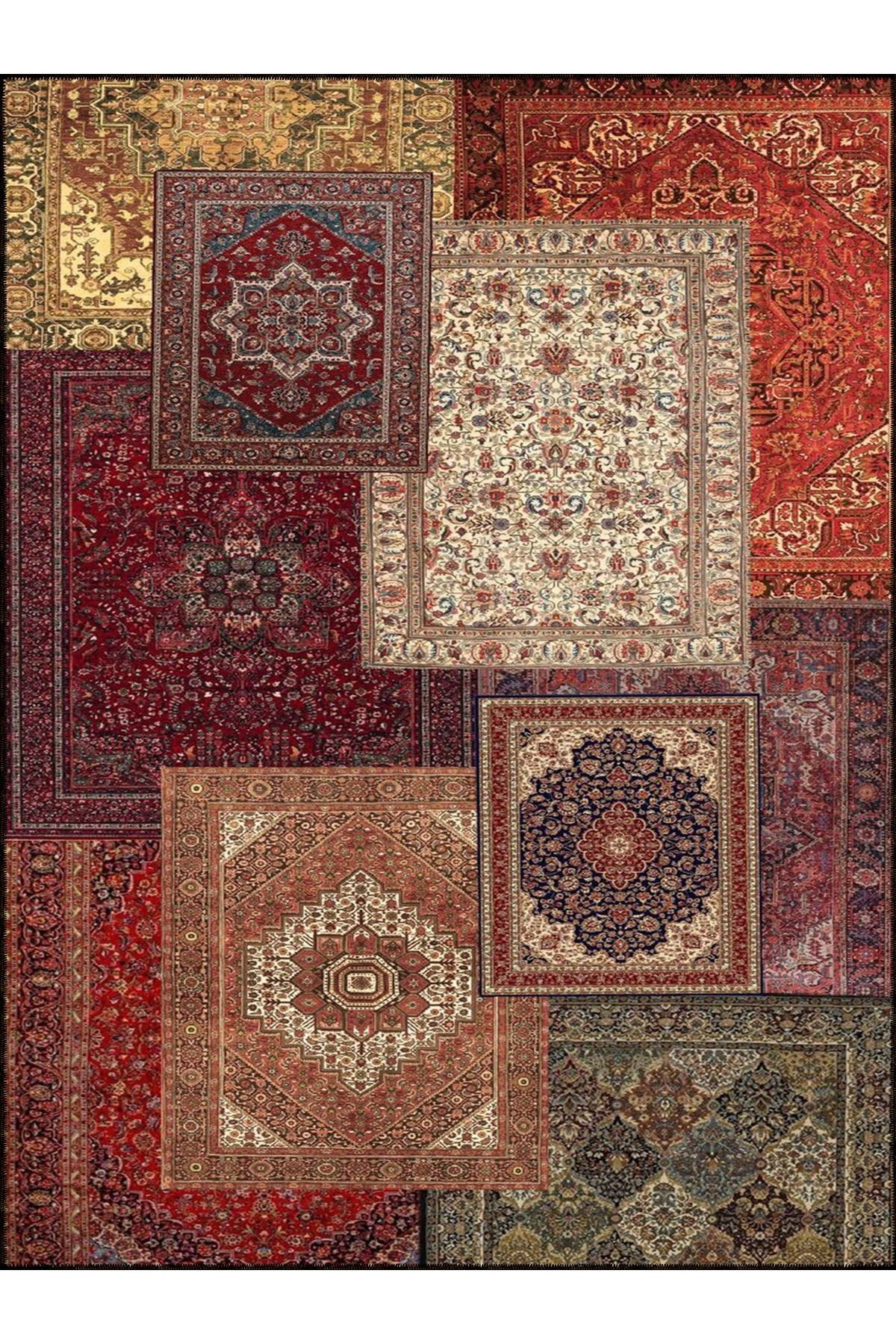 Kuvars Koleksiyonu Çok Renkli Vintage Motifler Desenli Dokuma Taban Etnik Dekoratif Halı kuvars26