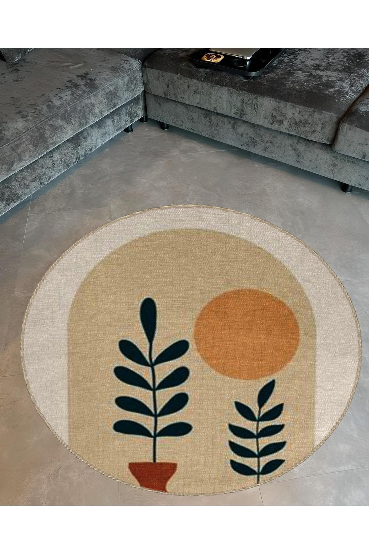 Bej Temalı Soyut Geometrik ve Bitki Desenli Yuvarlak Dokuma Taban Modern Dekoratif Halı 6035