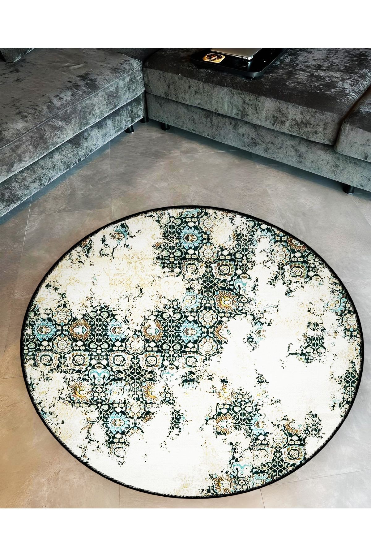 Bej Temalı Soyut Geleneksel Motif Desenli Yuvarlak Dokuma Taban Vintage Dekoratif Halı 6182