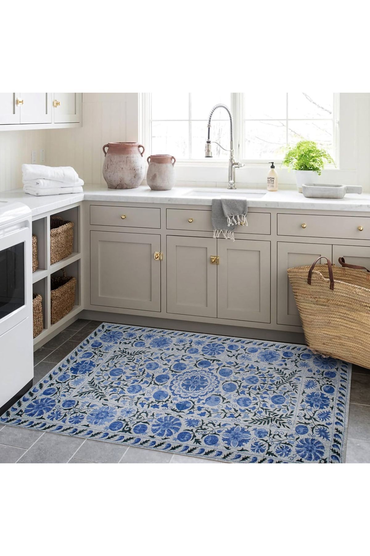 Asena Koleksiyonu Mavi Blue Blanc Temalı Motifli ve Çiçek Desenli Vintage Dekoratif Halı 16