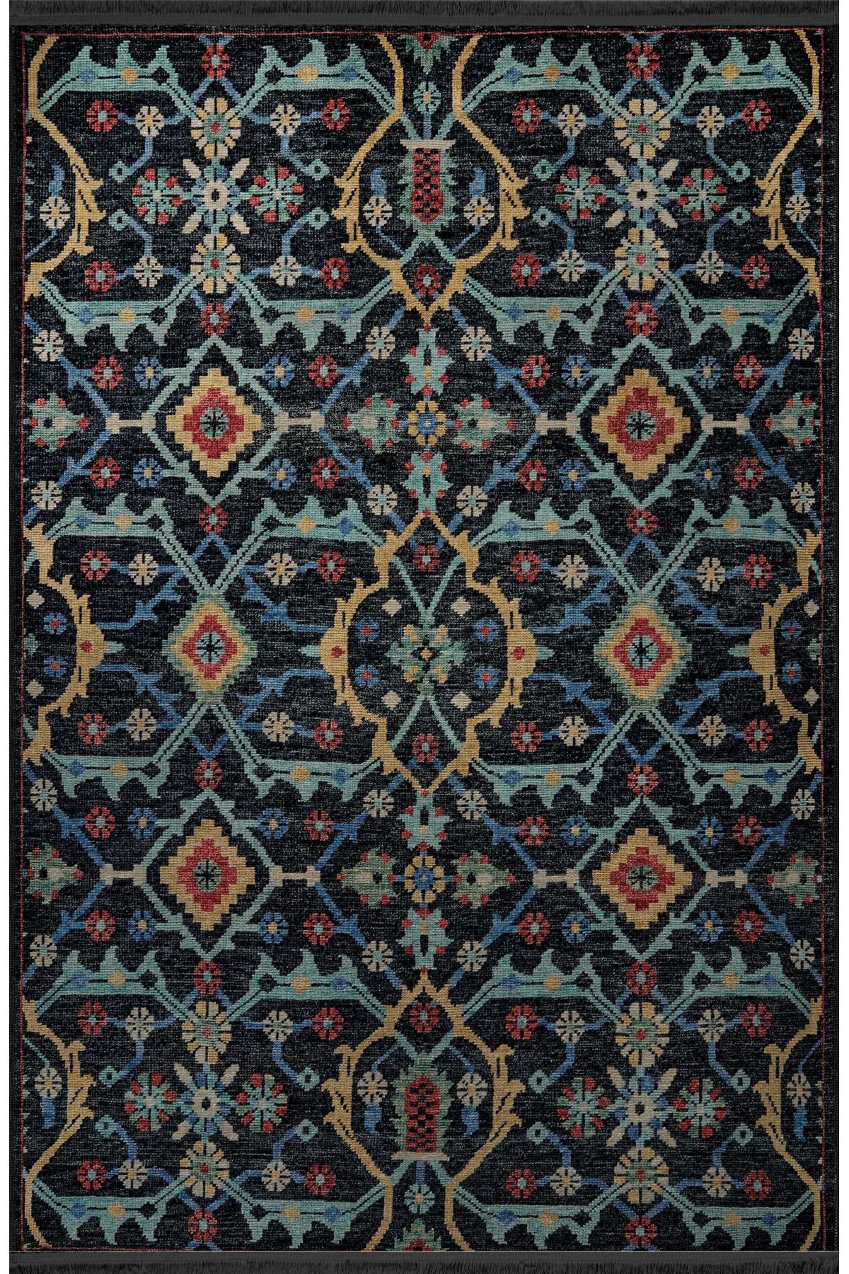 Siyah Mavi Temalı Çok Renkli Geleneksel Motif Etnik Desenli Vintage Dekoratif Halı 2785