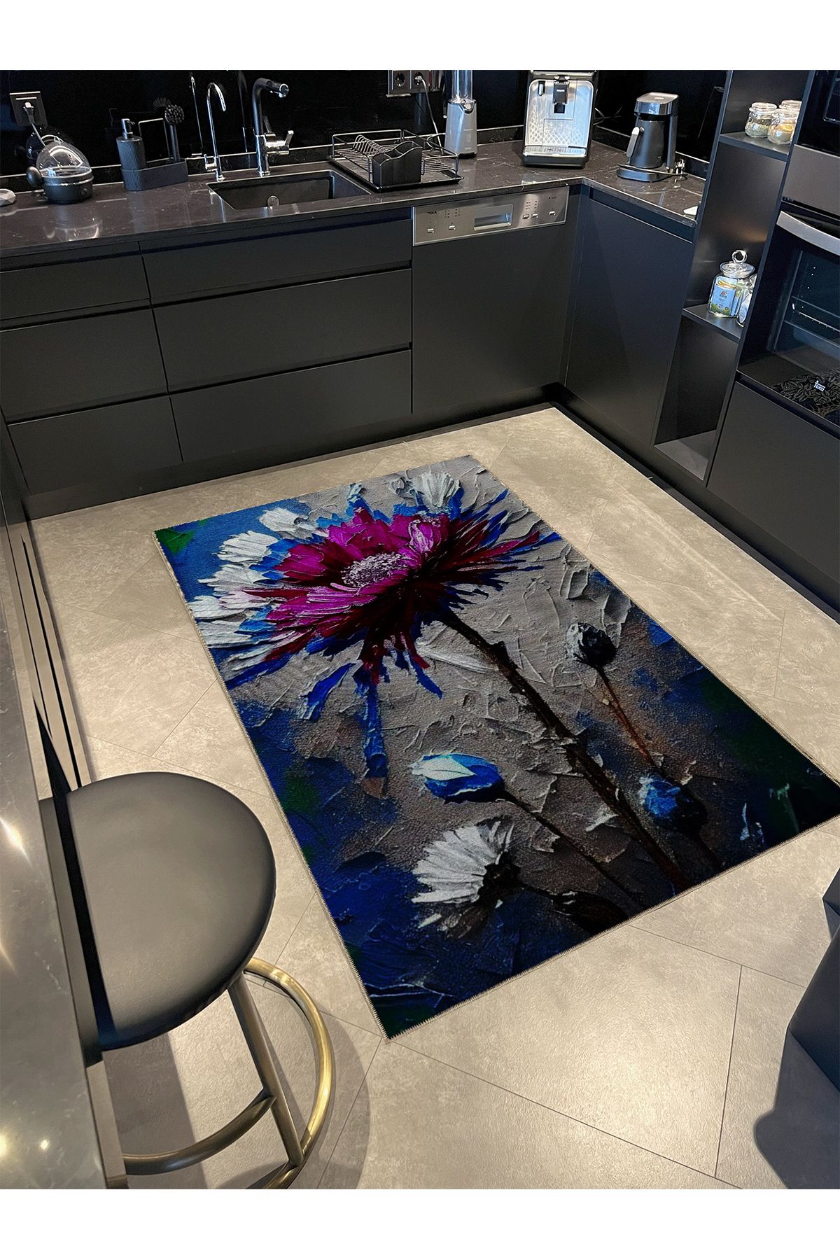 Gri Mavi Pembe Renkler Soyut Floral Çiçek Desenli Modern Dekoratif Halı 5389