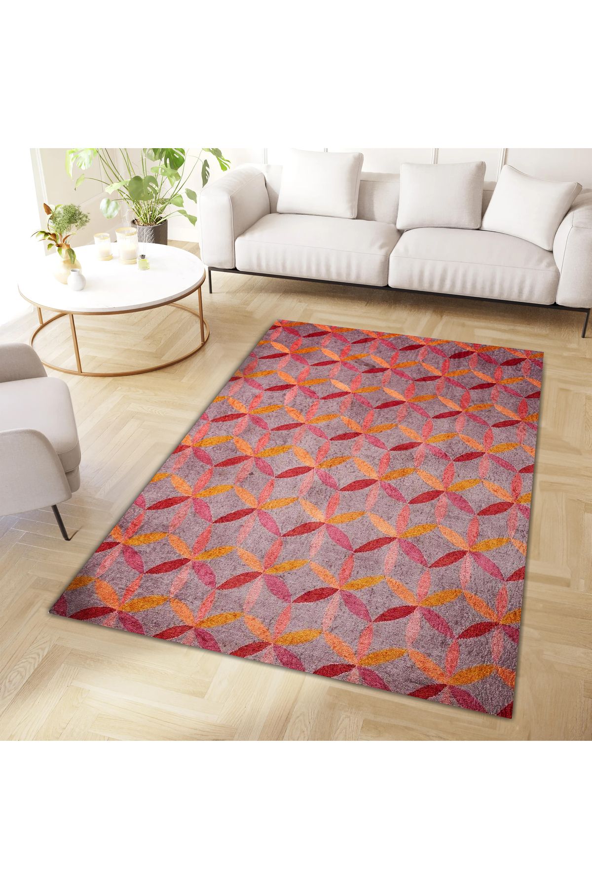 Mete Koleksiyonu Turuncu Tonlar Geometrik Şekiller Desenli Modern Dekoratif Halı 49