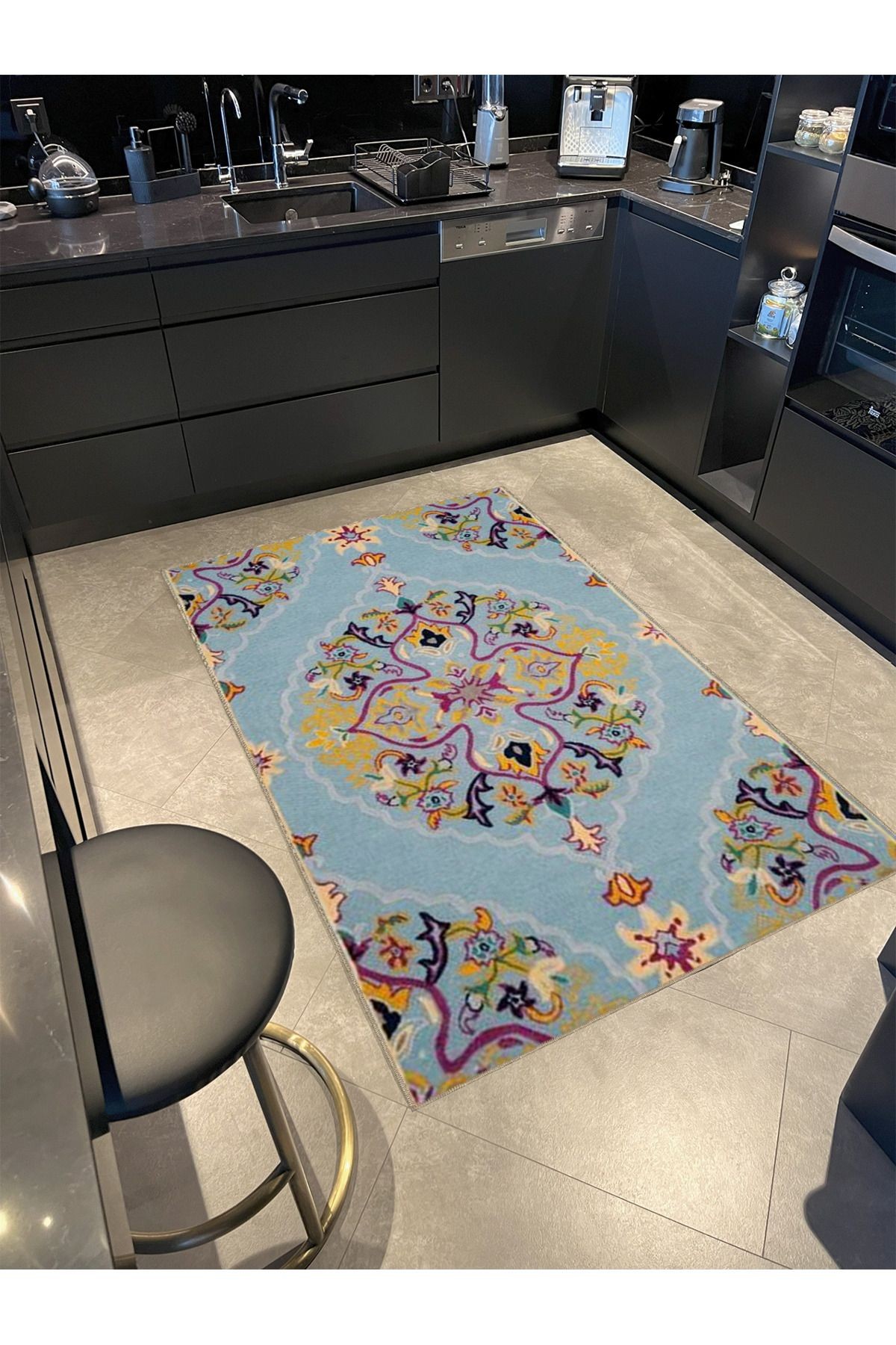 Açık Mavi Sarı Temalı Geleneksel Motif Çiçek Desenli Vintage Dekoratif Halı 4705