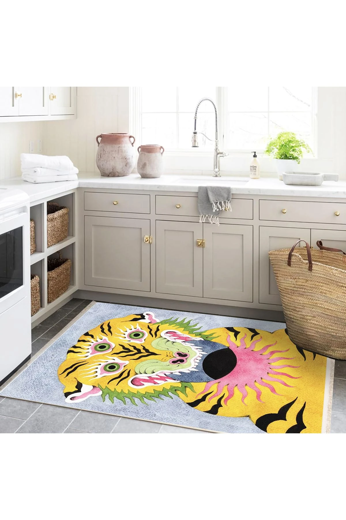 Özge Koleksiyonu Çok Renkli Güneş ve Ay Detaylı Üç Gözlü Kaplan Desenli Dokuma Taban Halı özge35