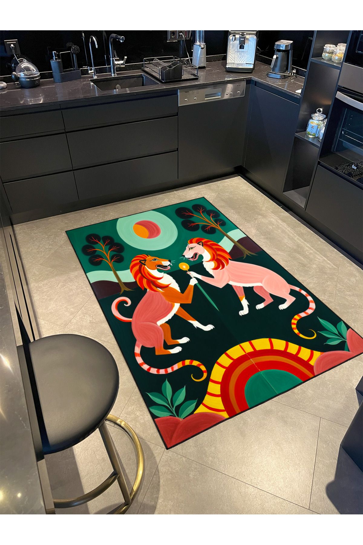 Paris Koleksiyonu Pastel Temalı Aslan ve Ağaç Desenli Kreatif Modern Dekoratif Halı 81