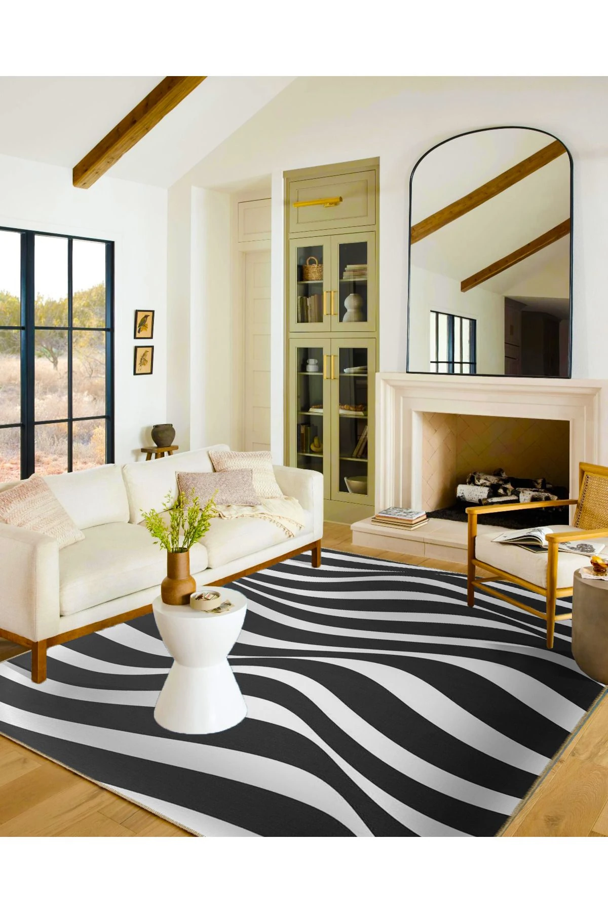 Siyah Beyaz Dalgalı Temalı Dekoratif Halı ve Yıkanabilir Halı miravip9750