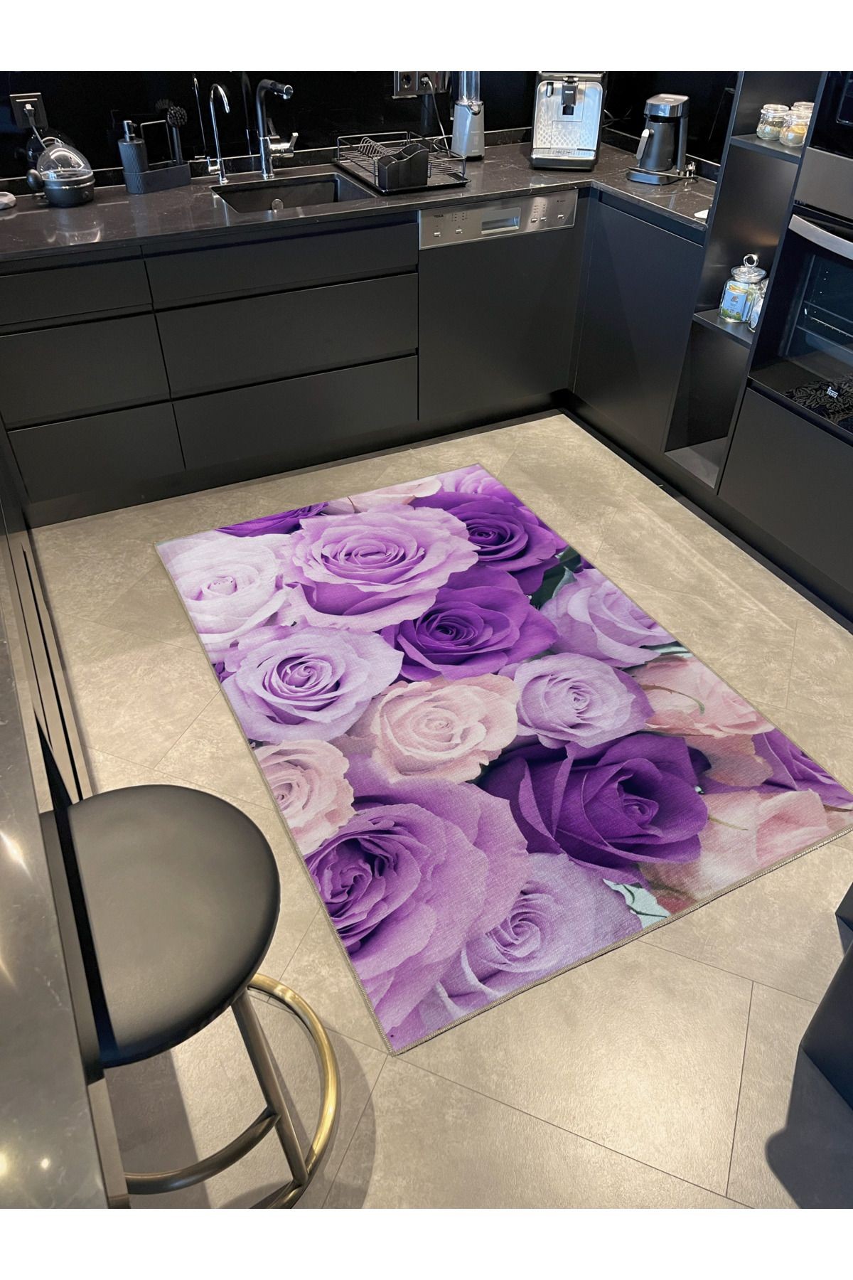 Mor Pembe Temalı Çiçek Gül Desenli Kreatif Modern Dekoratif Halı 2308