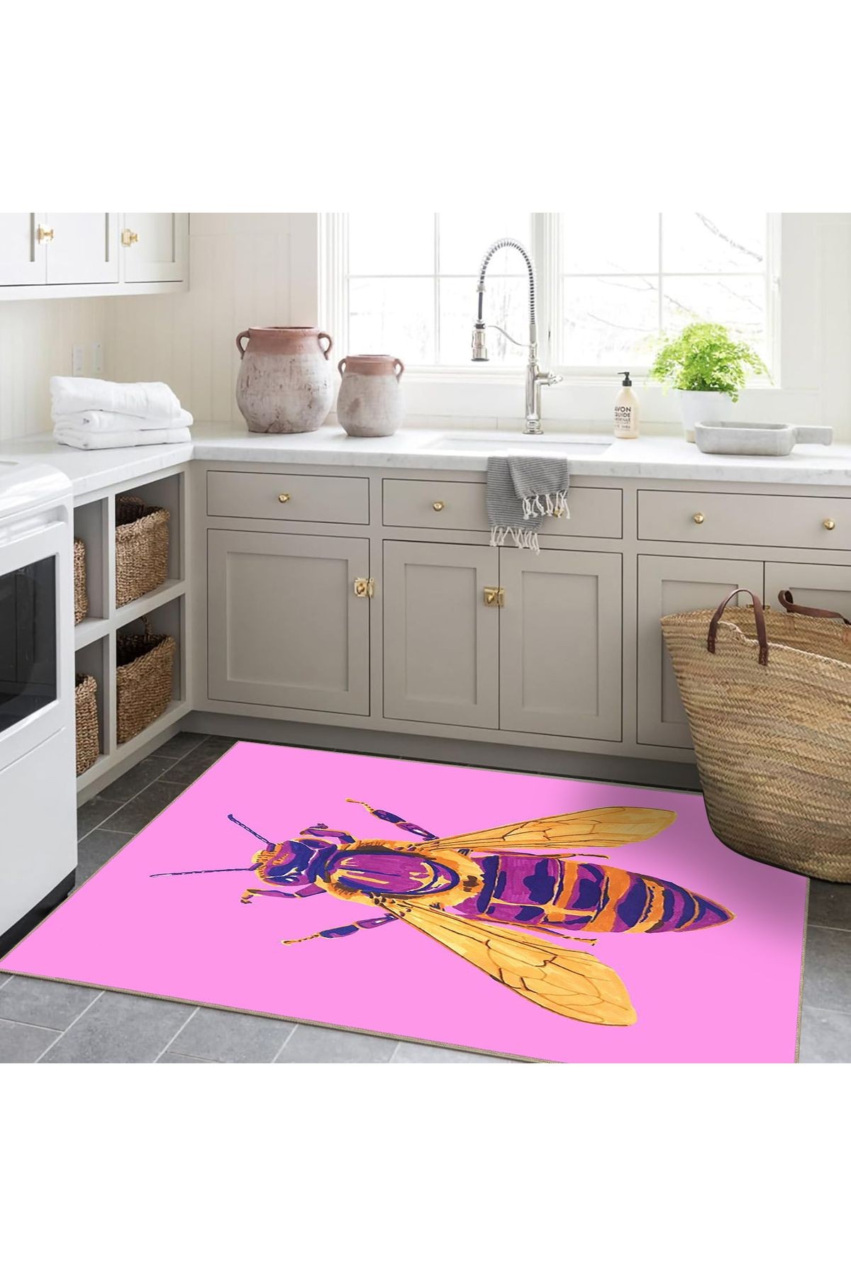 Güneş Koleksiyonu Pembe Mor Sarı Detaylı Sinek Desenli Dokuma Taban Modern Dekoratif Halı güneş42
