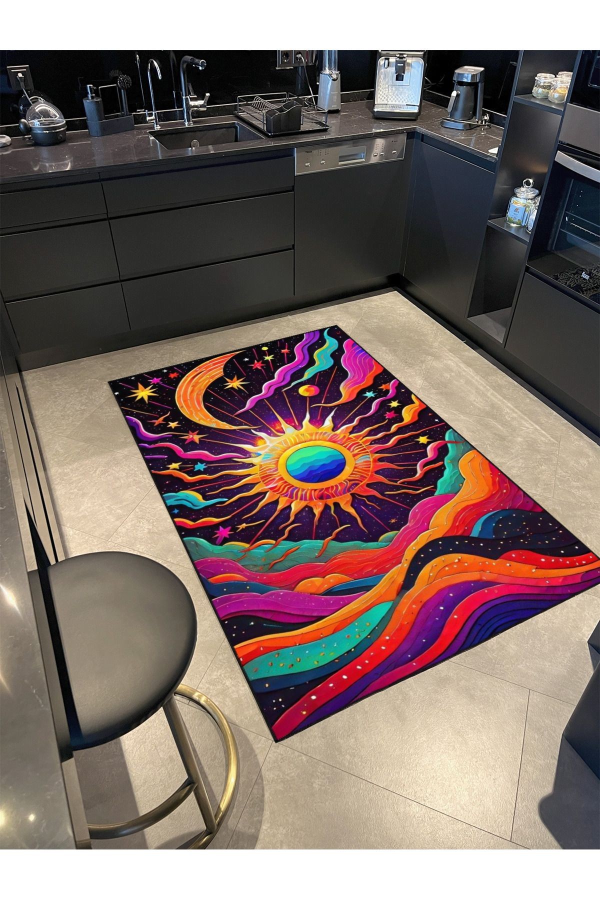 Turuncu Renkli Güneş Desenli Dekoratif Yıkanabilir Halı miravip8685