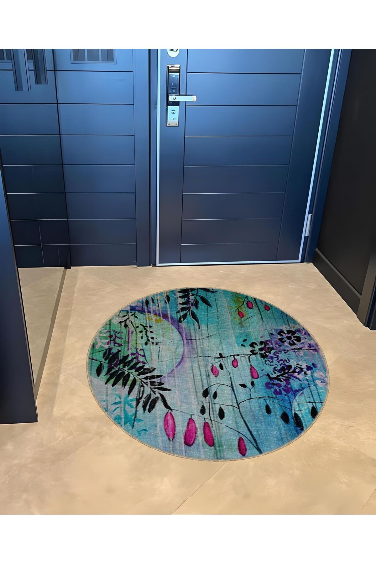 Çok Renkli Soyut Çiçekli Desenli Yuvarlak Dokuma Taban Modern Dekoratif Halı 6052