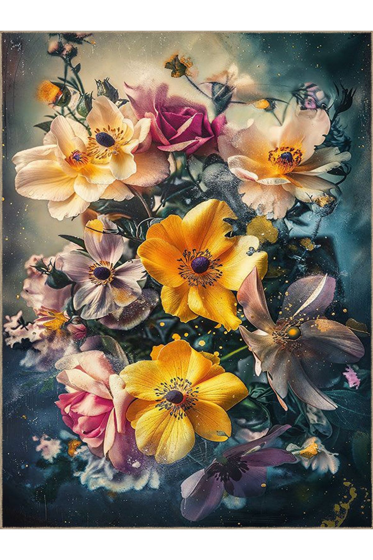 Semih Koleksiyonu Sürrealistik Temalı Floral Çiçekler Desenli Dokuma Taban Modern Dekoratif Halı 01