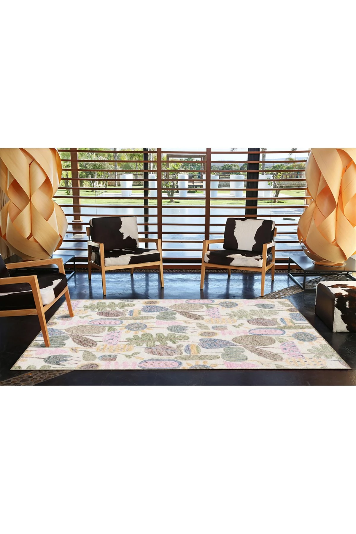 Krem Kaktüs Pastel Boyalı Çiçekli Sarmaşık Dokuma Taban Yıkanabilir Halı miravip8343