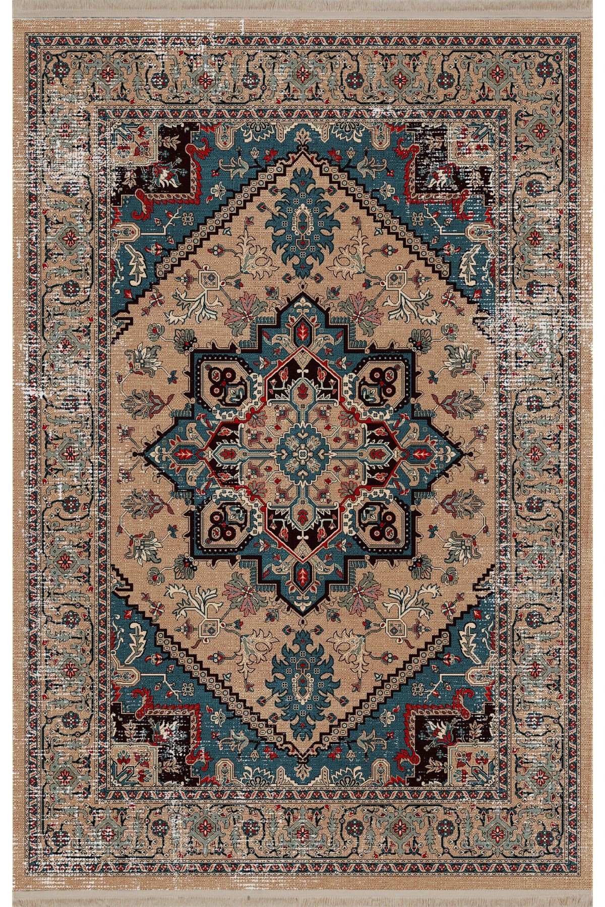 Mira Bej Mavi Temalı Çok Renkli Geleneksel Motif Etnik Desenli Vintage Dekoratif Halı Mira 1602