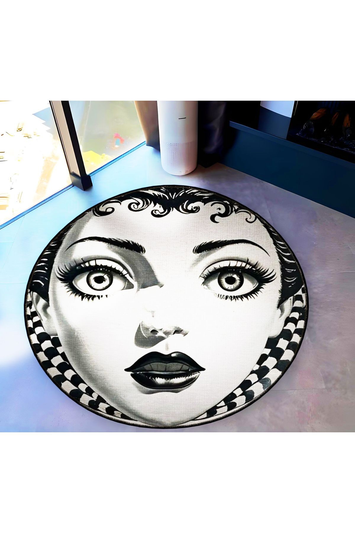 Yuvarlak Siyah Bej Vintage Kadın Yüz  Desenli Dokuma Taban Halı miraface29