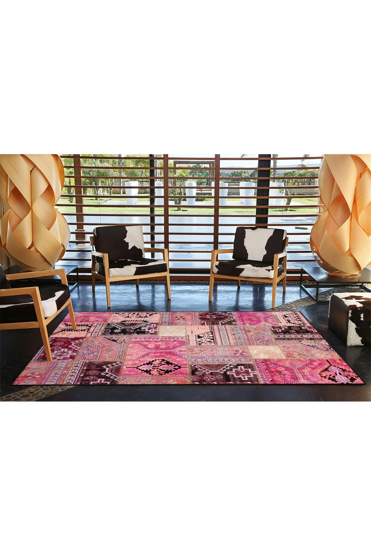 Pembe Renkli Geometrik Motifli Desenli Modern Dekoratif Halı 4434