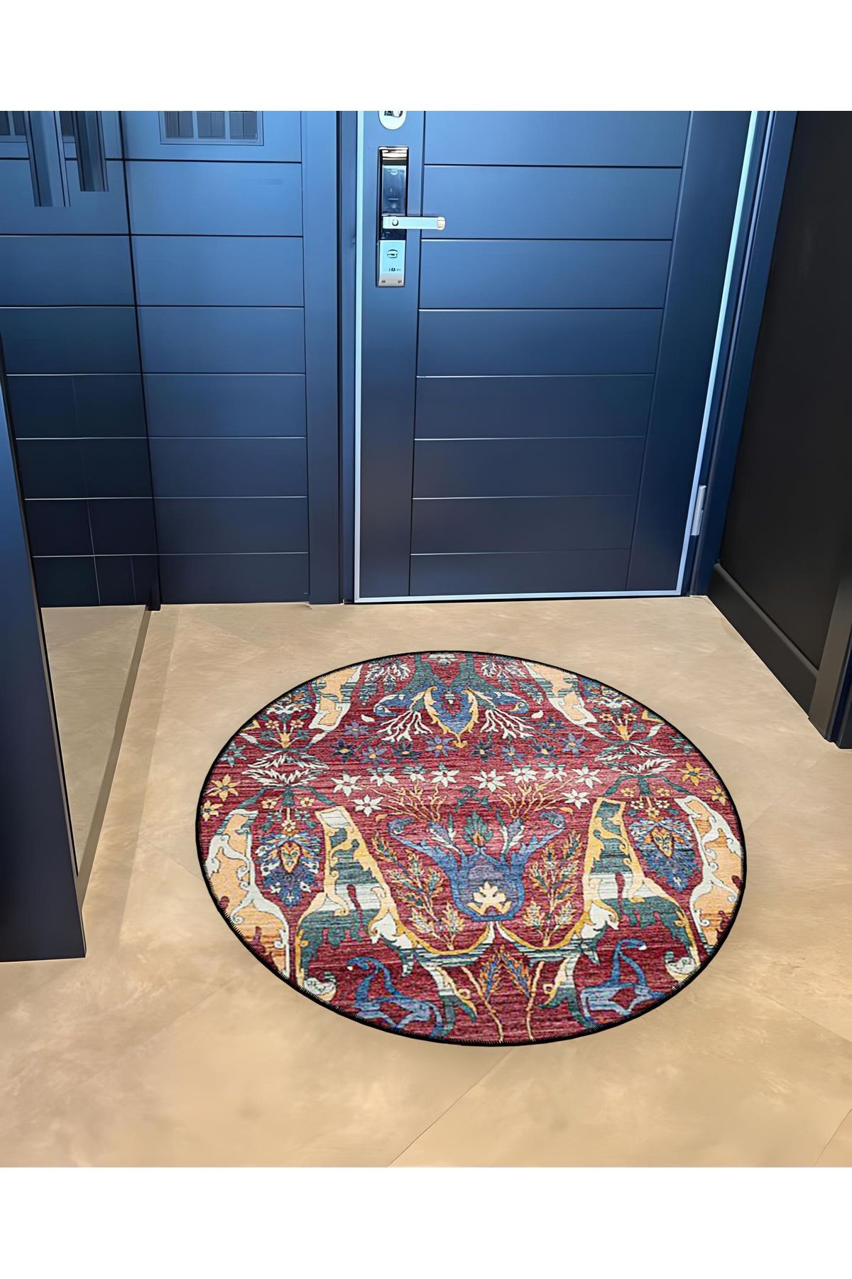 Bordo Tema Çiçekli Geleneksel Desenli Yuvarlak Dokuma Taban Vintage Dekoratif Halı 6106