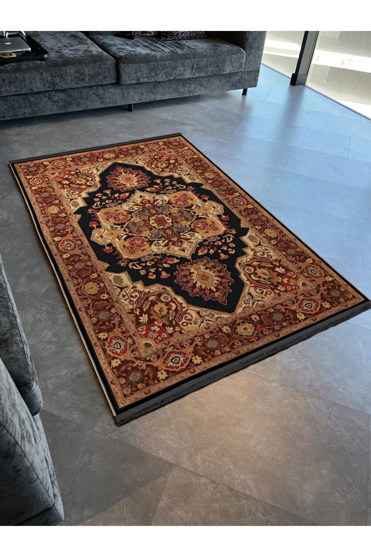 Siyah Bej Temalı Geleneksel Motif Etnik Çiçek Desenli Kreatif Vintage Dekoratif Halı 2420