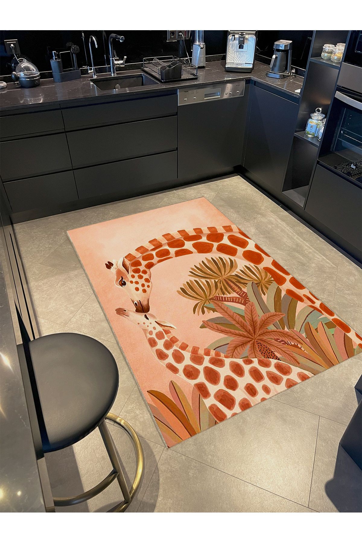 Kubilay Koleksiyonu Bej Tonlarda Yavru ve Anne Zürafa Desenli Dokuma Taban Modern Dekoratif Halı 44