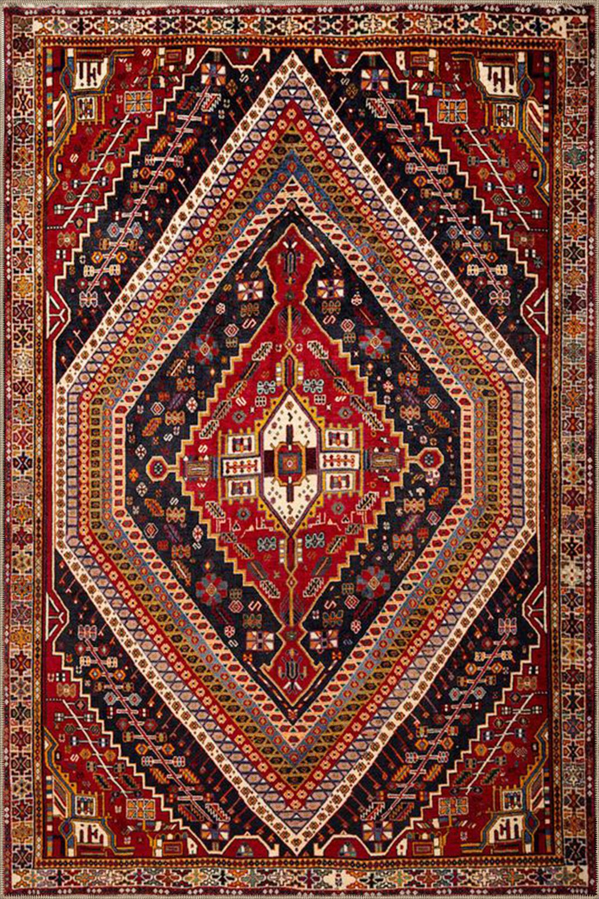 Kırmızı Üçgen Renkli Geometrik Geleneksel Modern Desenli Dokuma Taban ve Dekoratif Halı miravip84