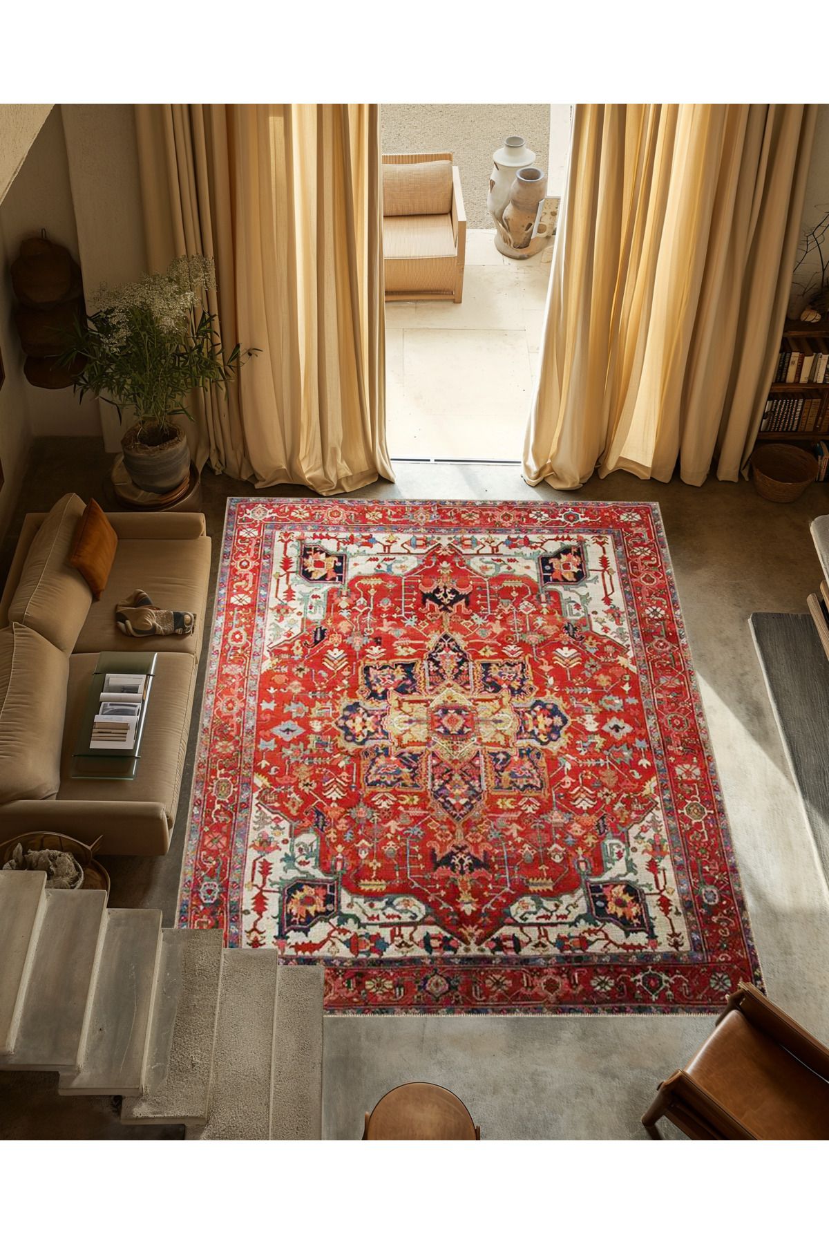 Kırmızı Temalı Geleneksel Motif Etnik Çiçek Desenli Vintage Dekoratif Halı 3304