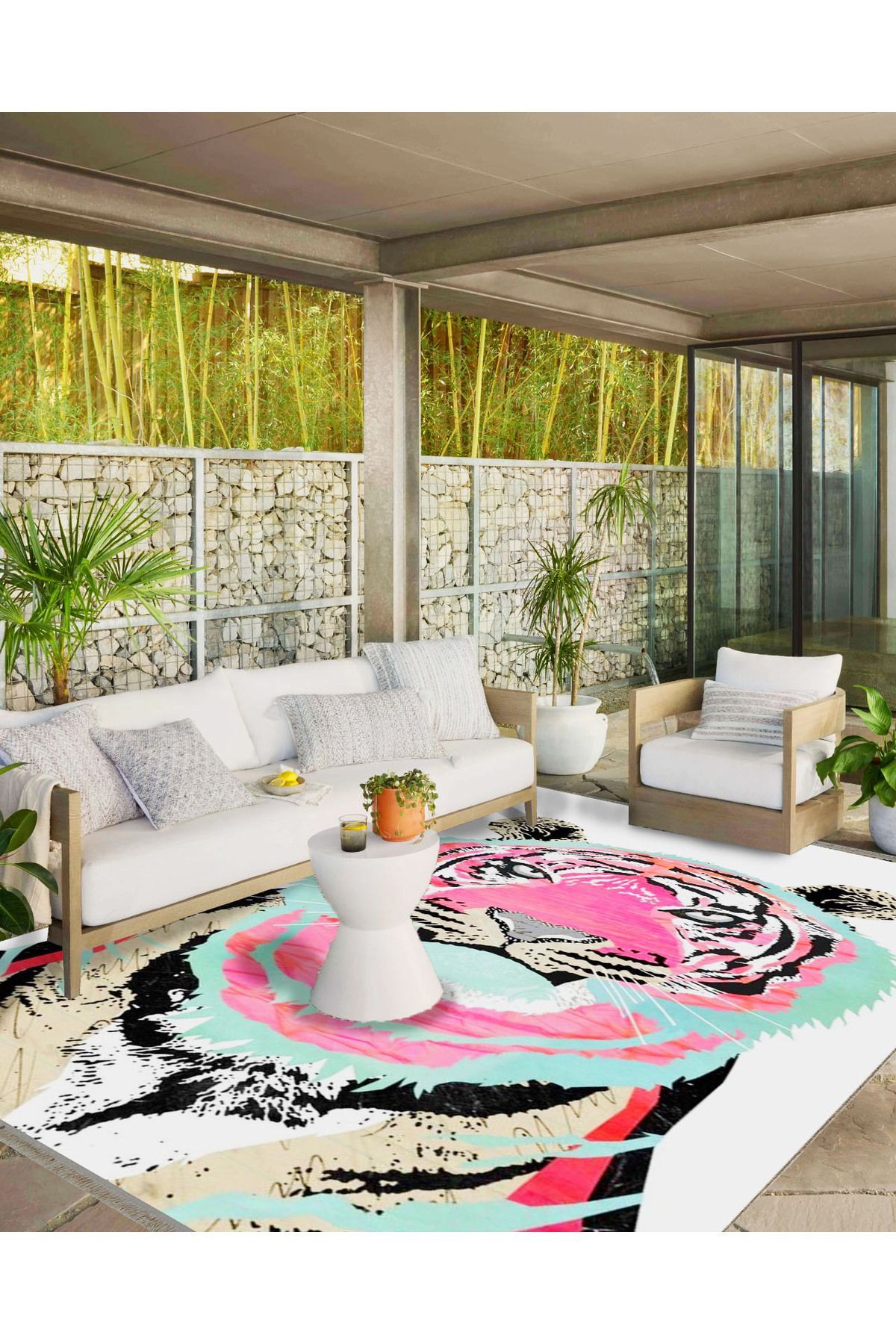 İnci Koleksiyonu Pembe ve Mavi Detaylı Kaplan Desenli Dokuma Taban Modern Dekoratif Halı inci31