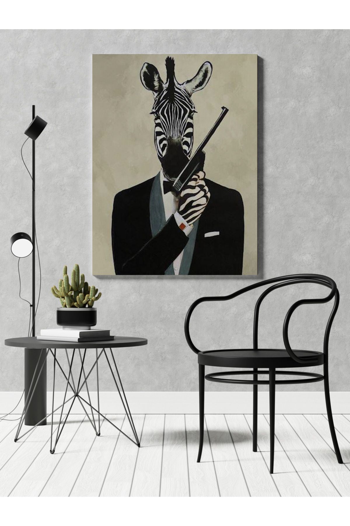 Kanvas Tablo Siyah Gri Temalı Sürrealist Casus Zebra Desen