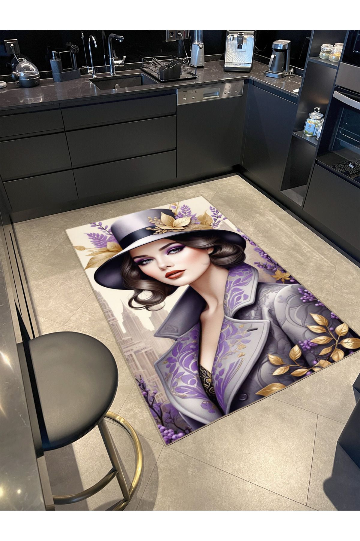 Mor Tonlarda Aksesuarlı Kız Desenli DokumaTaban miravip771