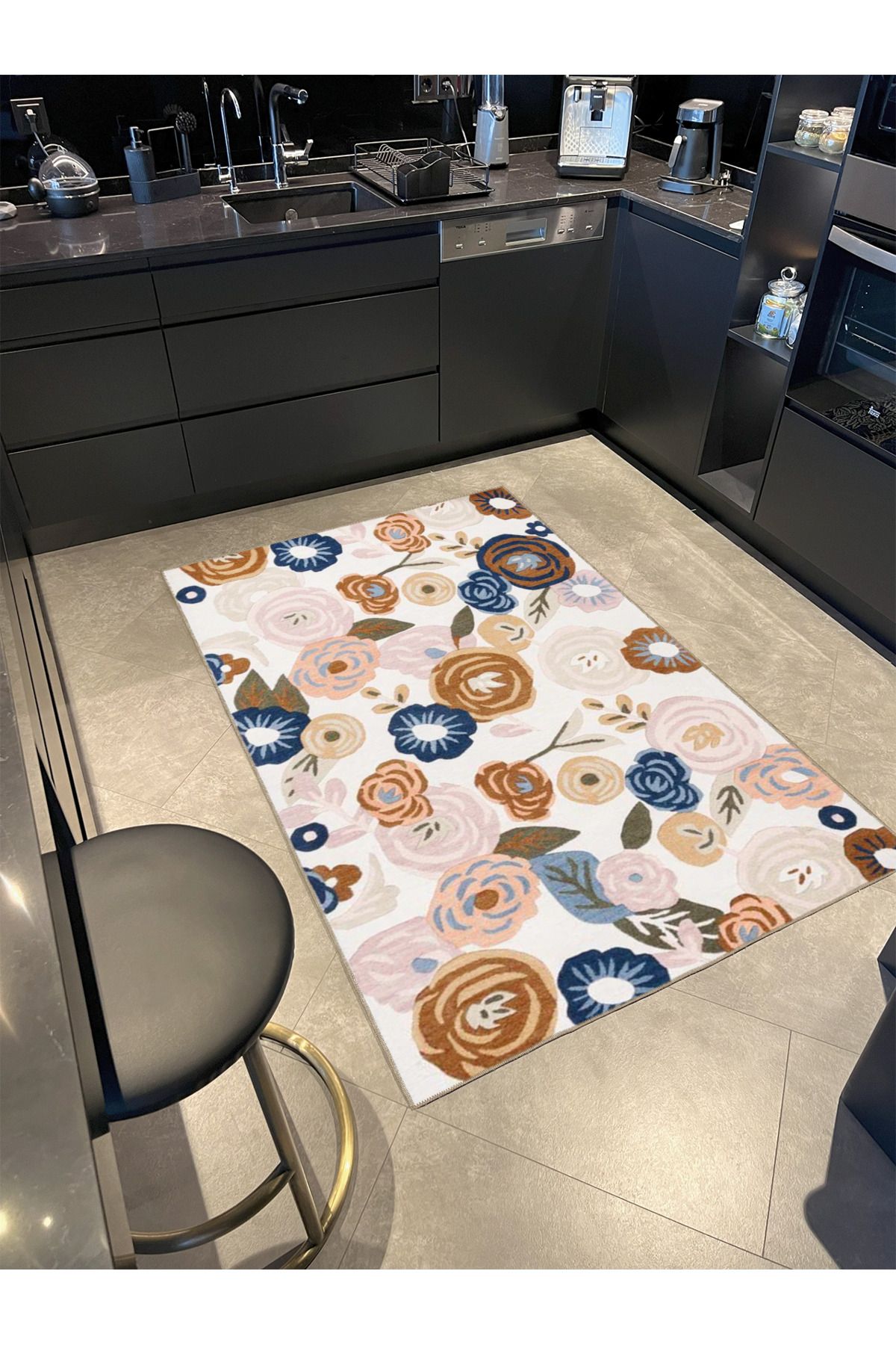 Krem Çiçekli Renkli ve Geometrik Dokuma Taban Yıkanabilir Halı miravip8354