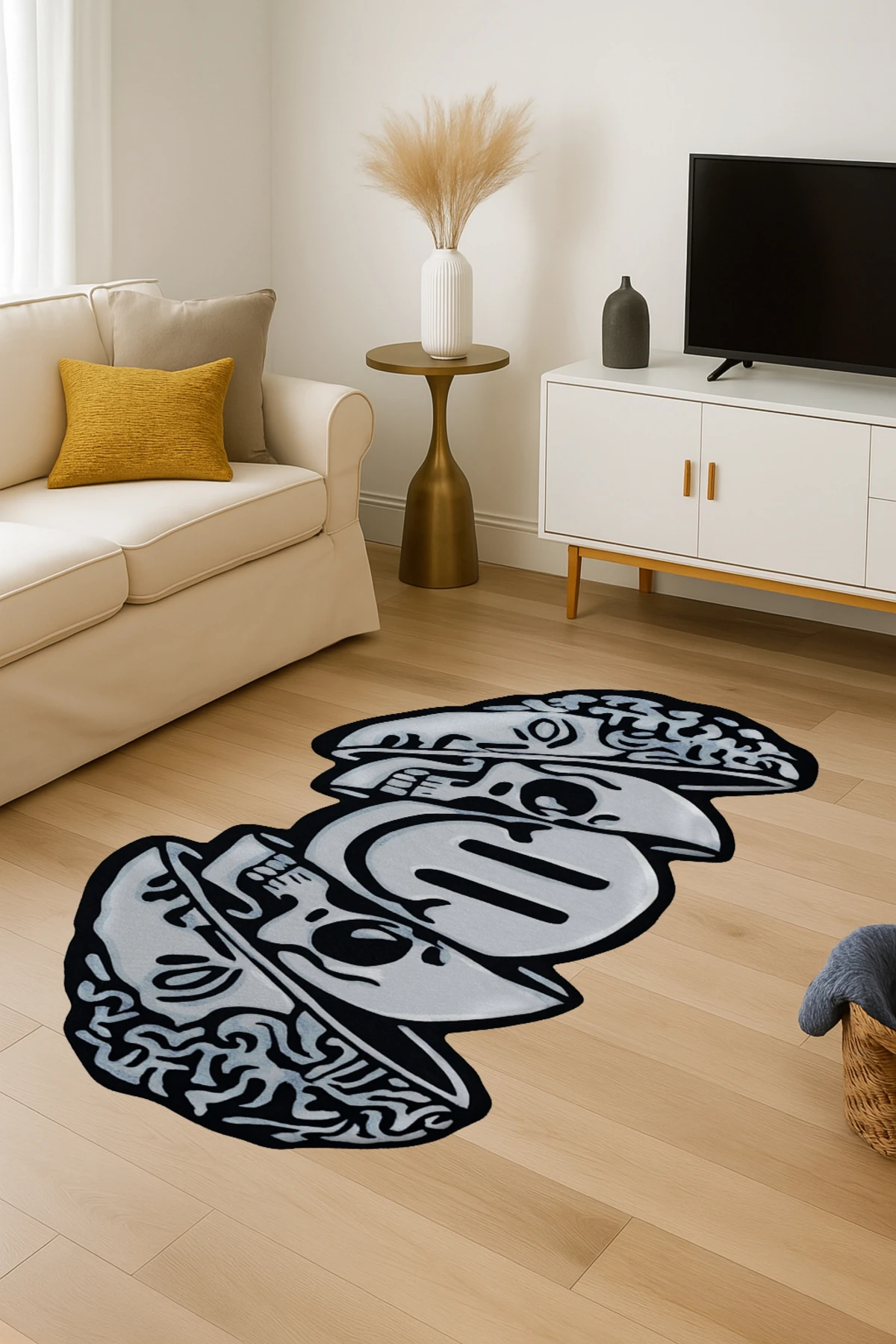 MOSSO Gri Tonlar Kafatası Güler Yüz Soyut Desenli Dokuma Taban Modern Dekoratif Halı mosso344